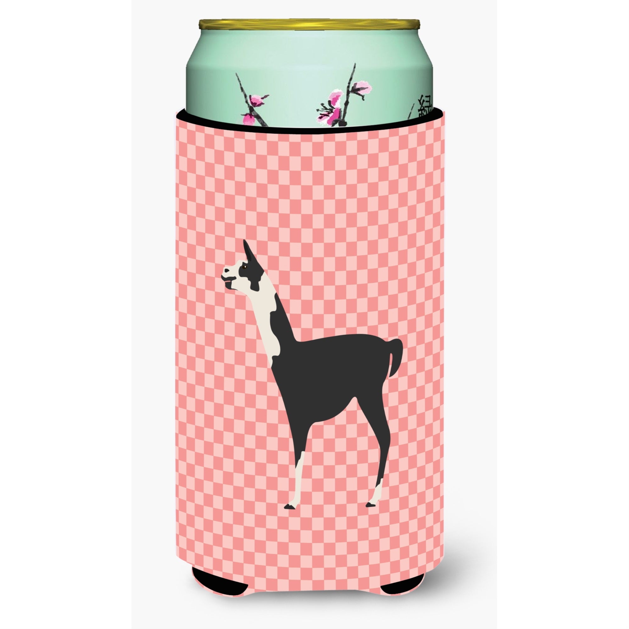 Caroline'S Treasures Llama Q' Ara Pink Check Decorative Can Hugger, Tall Boy, Multicolor