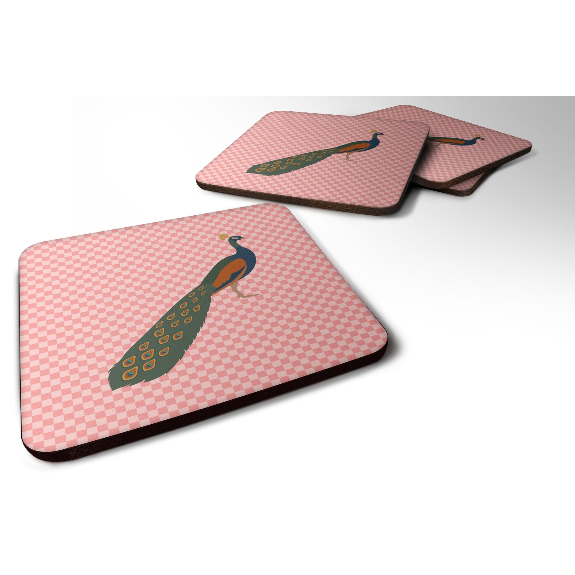 Caroline'S Treasures Indian Peacock Peafowl Pink Check Decorative Coasters, 3.5, Multicolor