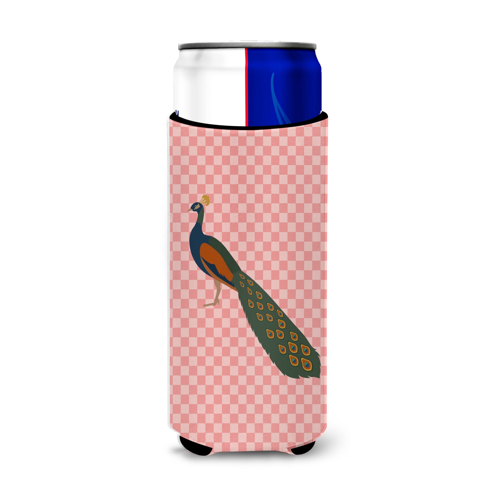 Caroline'S Treasures Indian Peacock Peafowl Pink Check Decorative Can Hugger, Slim, Multicolor