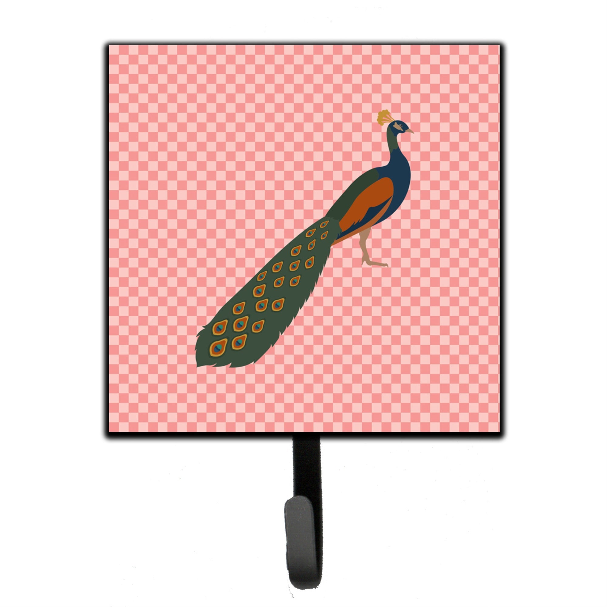 Caroline'S Treasures Indian Peacock Peafowl Pink Check Wall Hook, Small, Multicolor