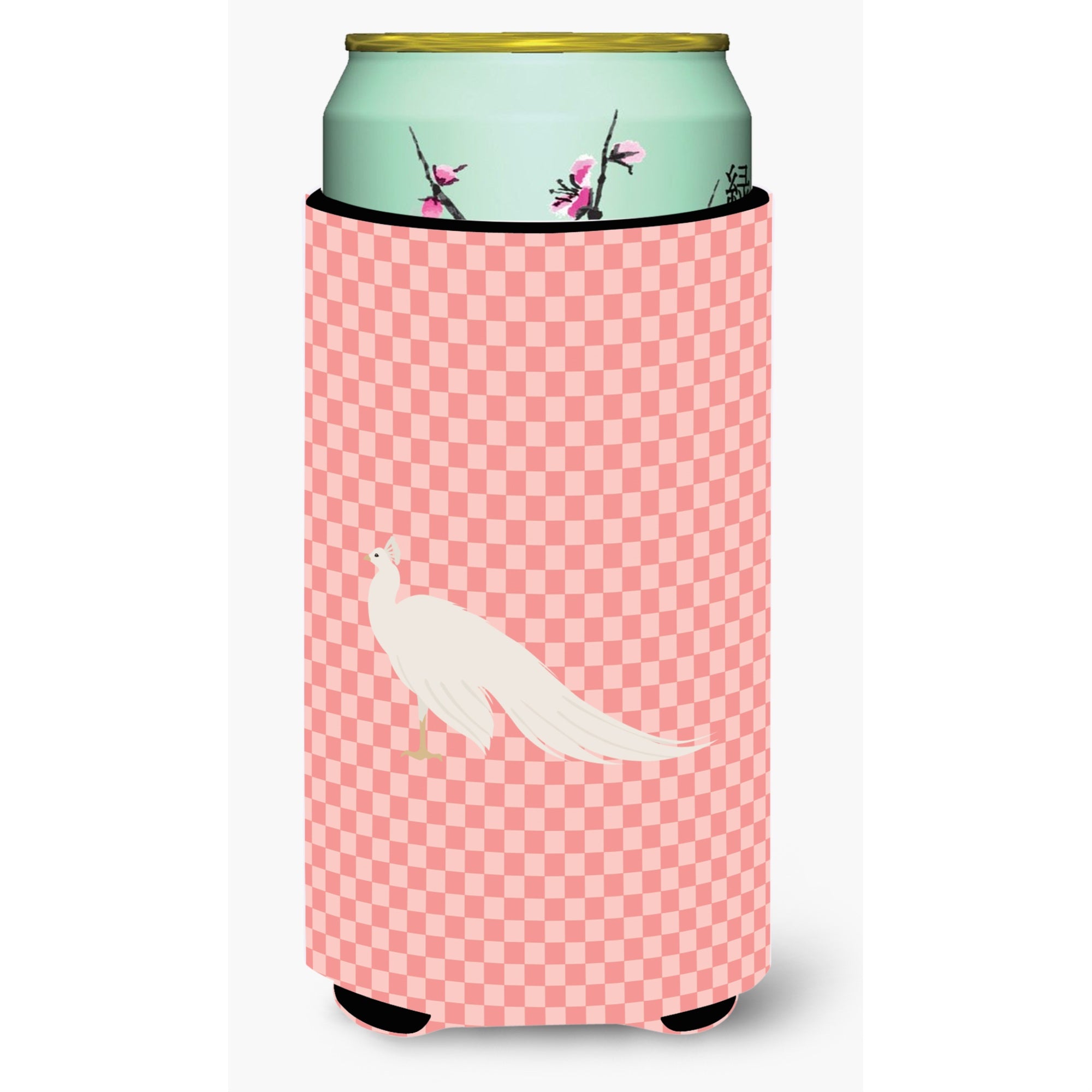 Caroline'S Treasures White Peacock Peafowl Pink Check Decorative Can Hugger, Tall Boy, Multicolor