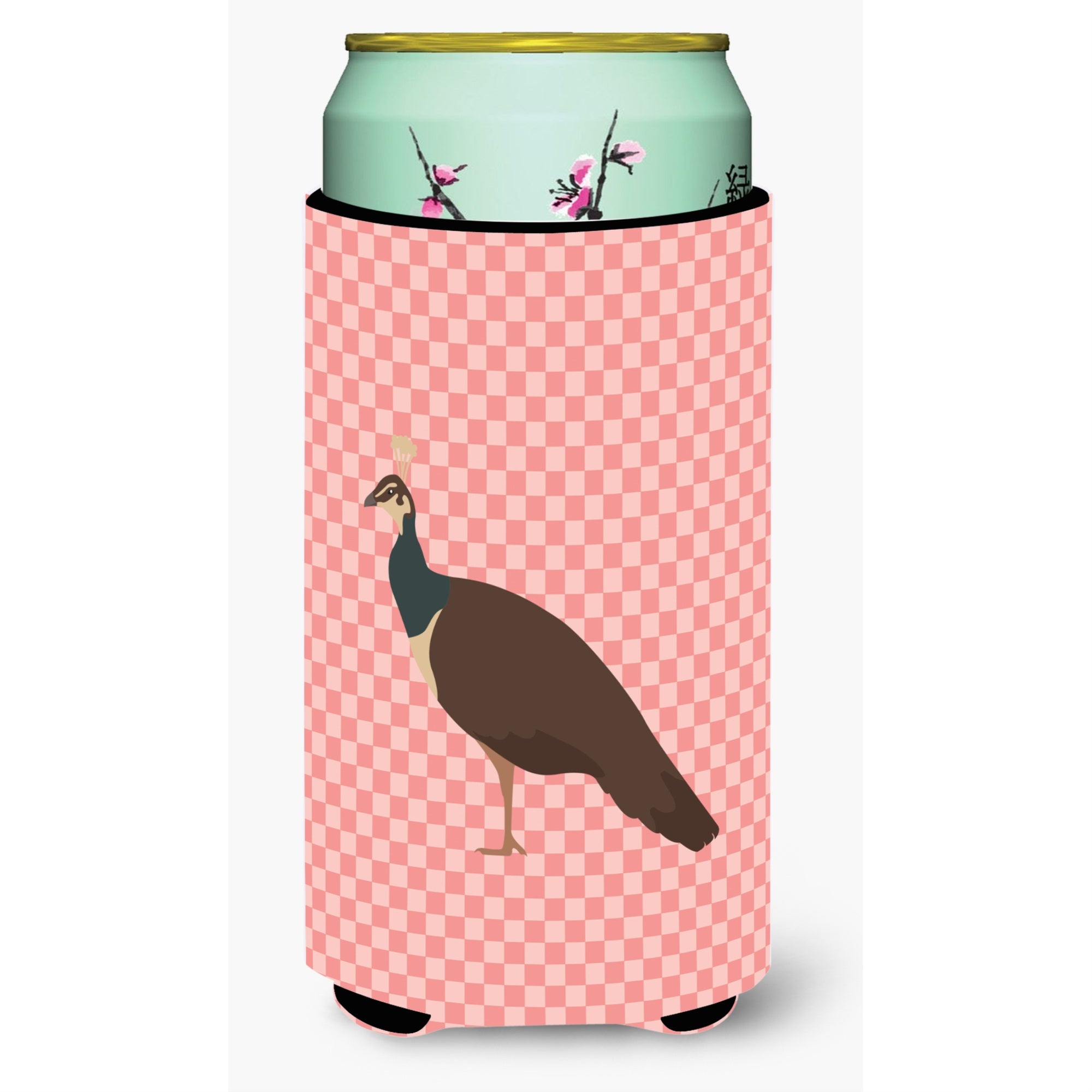 Caroline'S Treasures Indian Peahen Peafowl Pink Check Decorative Can Hugger, Tall Boy, Multicolor