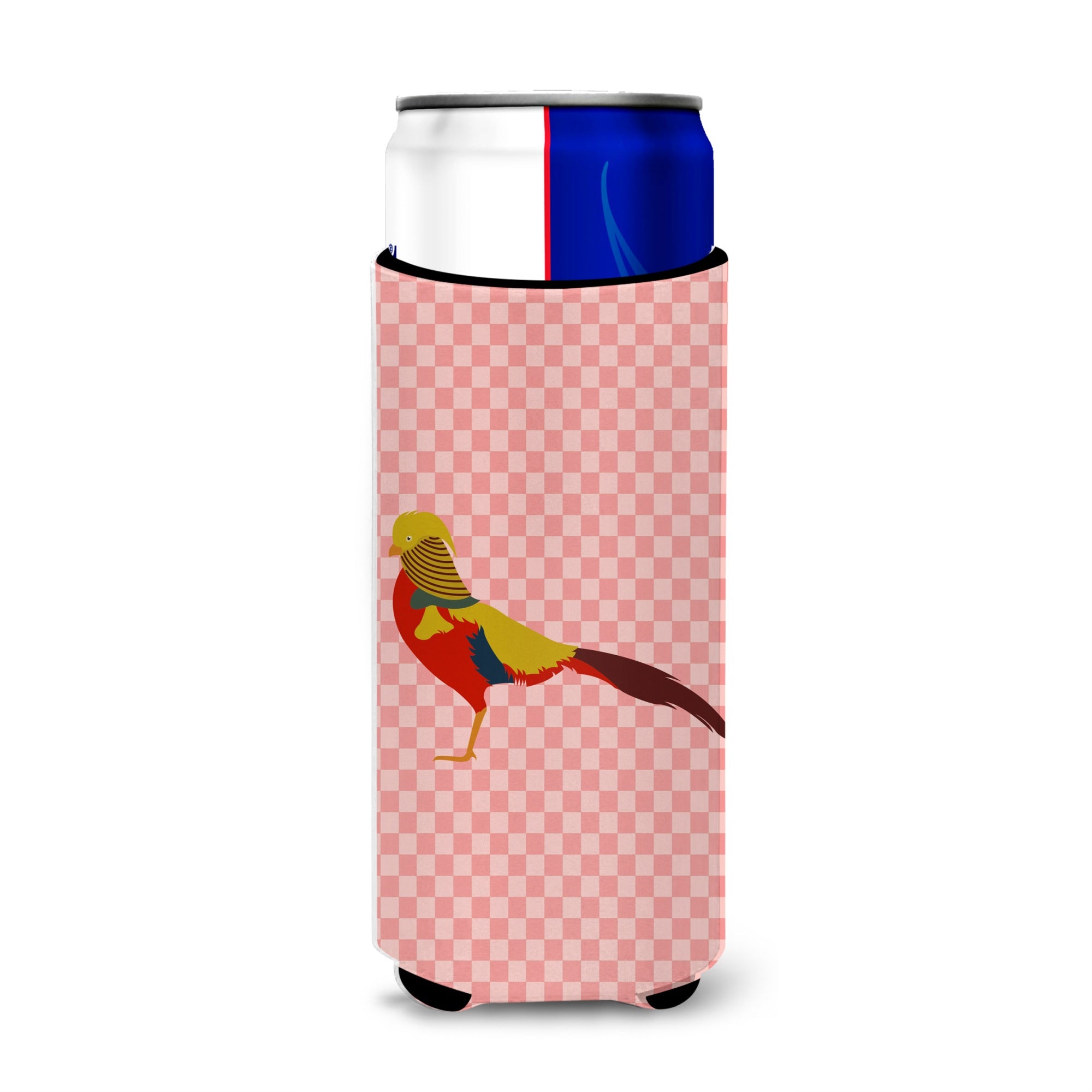 Caroline'S Treasures Golden Or Chinese Pheasant Pink Check Decorative Can Hugger, Slim, Multicolor