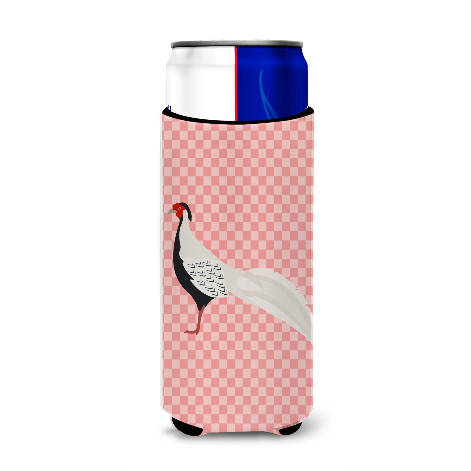 Caroline'S Treasures Silver Pheasant Pink Check Decorative Can Hugger, Slim, Multicolor