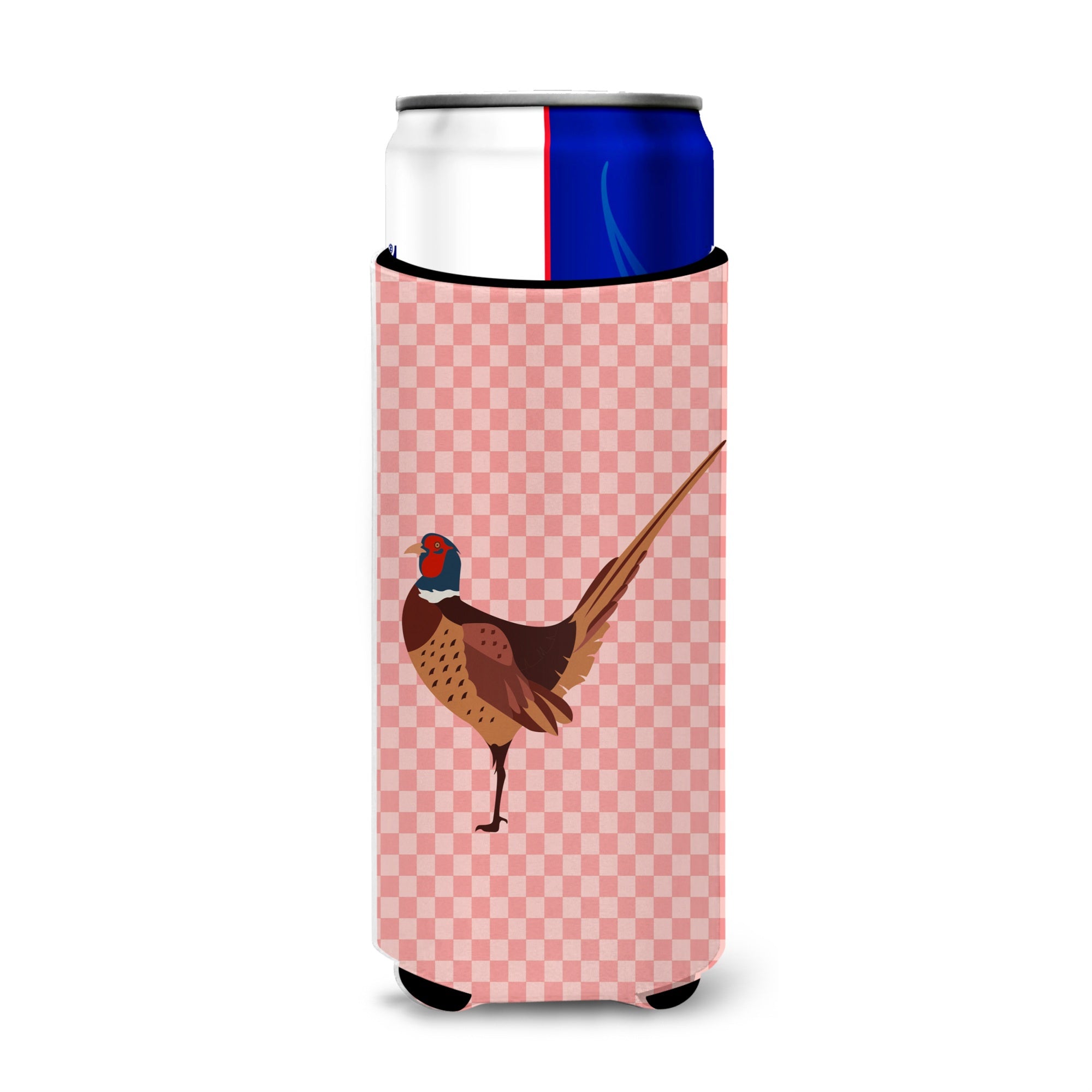 Caroline'S Treasures Ring-Necked Common Pheasant Pink Check Decorative Can Hugger, Slim, Multicolor