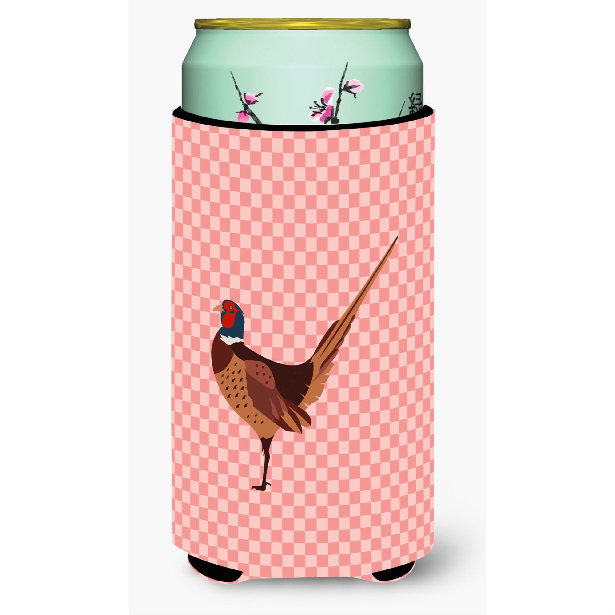 Caroline'S Treasures Ring-Necked Common Pheasant Pink Check Decorative Can Hugger, Tall Boy, Multicolor