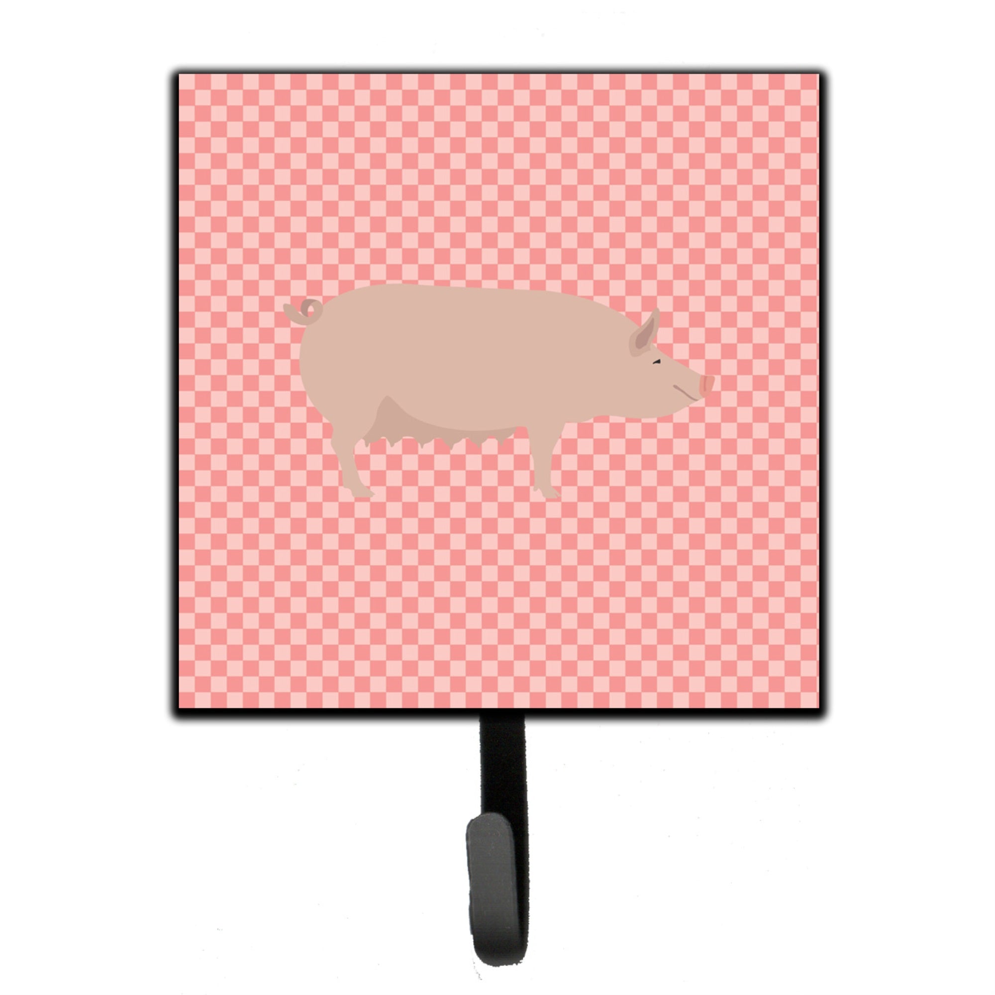 Caroline'S Treasures English Large White Pig Pink Check Wall Hook, Small, Multicolor