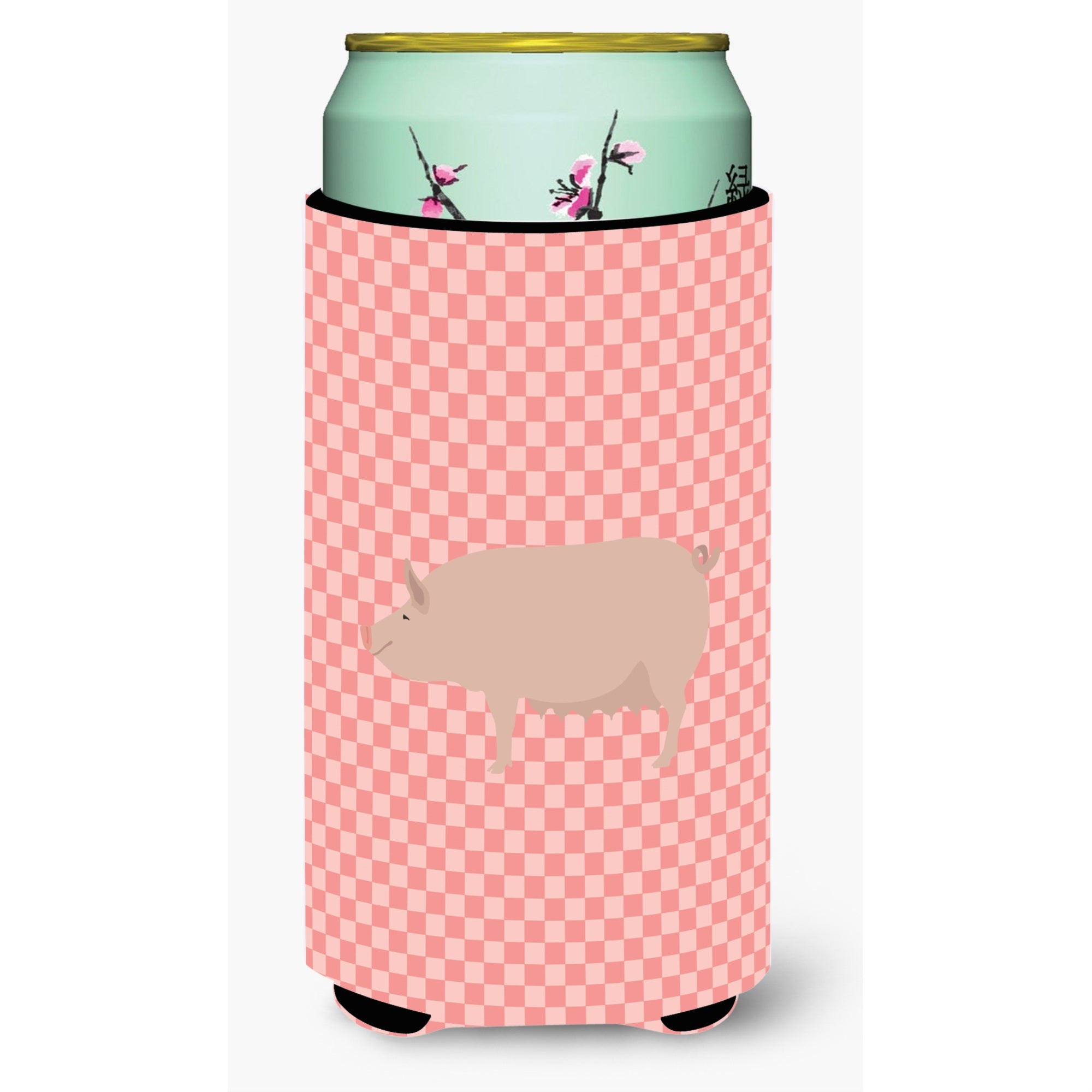 Caroline'S Treasures English Large White Pig Pink Check Decorative Can Hugger, Tall Boy, Multicolor