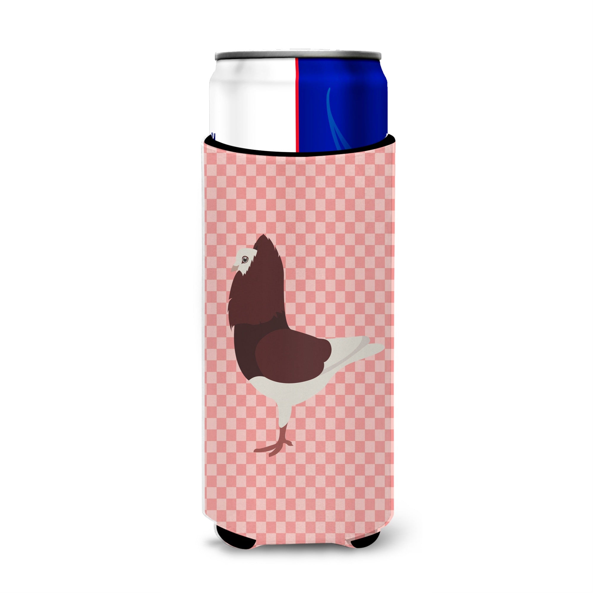 Caroline'S Treasures Capuchin Red Pigeon Pink Check Decorative Can Hugger, Slim, Multicolor