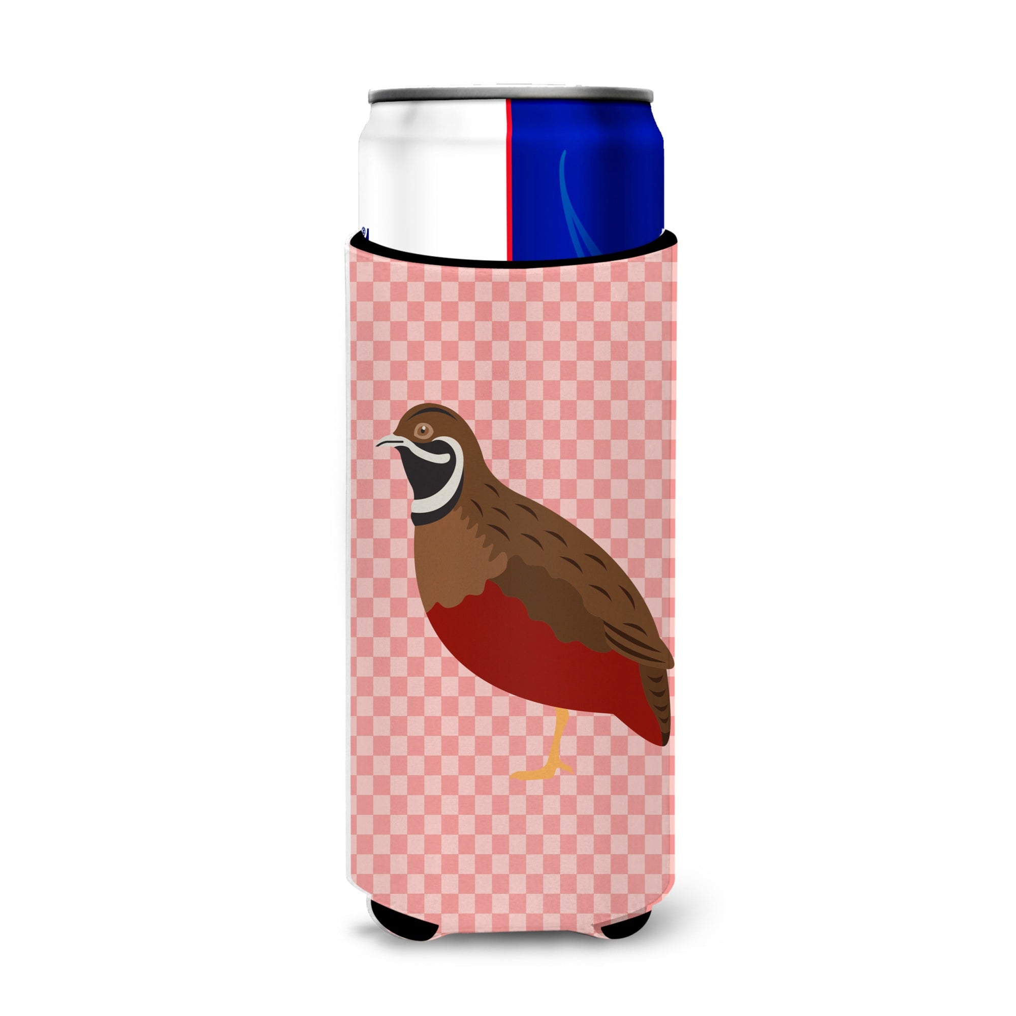 Caroline'S Treasures Chinese Painted Or King Quail Pink Check Decorative Can Hugger, Slim, Multicolor