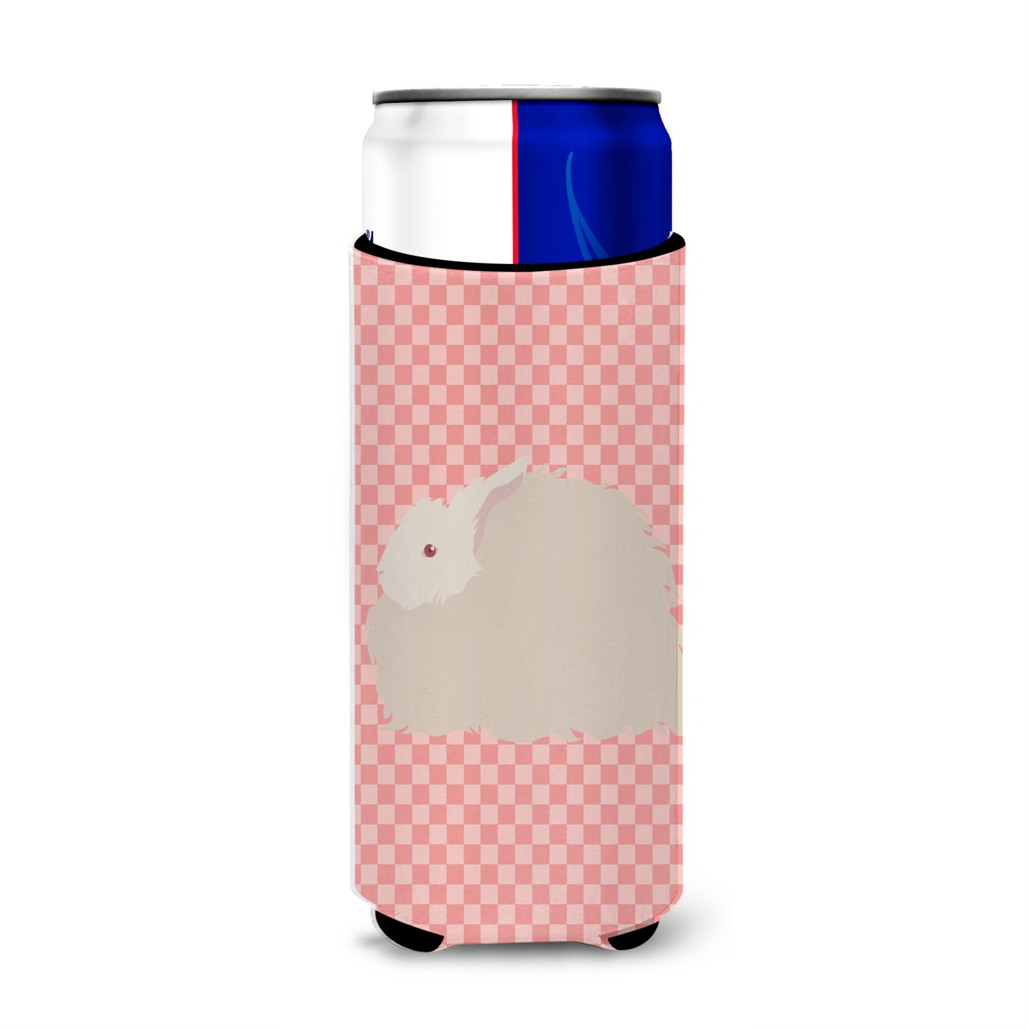 Caroline'S Treasures Fluffy Angora Rabbit Pink Check Decorative Can Hugger, Slim, Multicolor