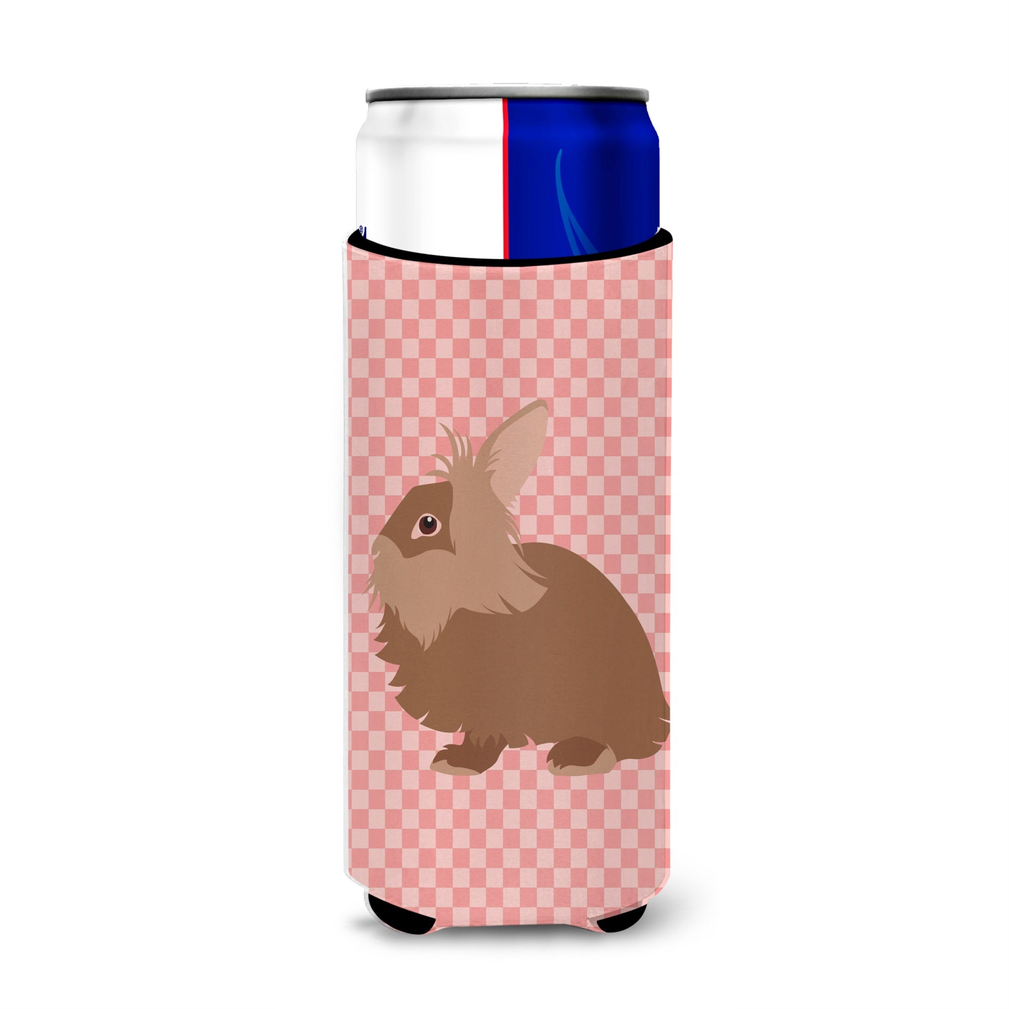 Caroline'S Treasures Lionhead Rabbit Pink Check Decorative Can Hugger, Slim, Multicolor