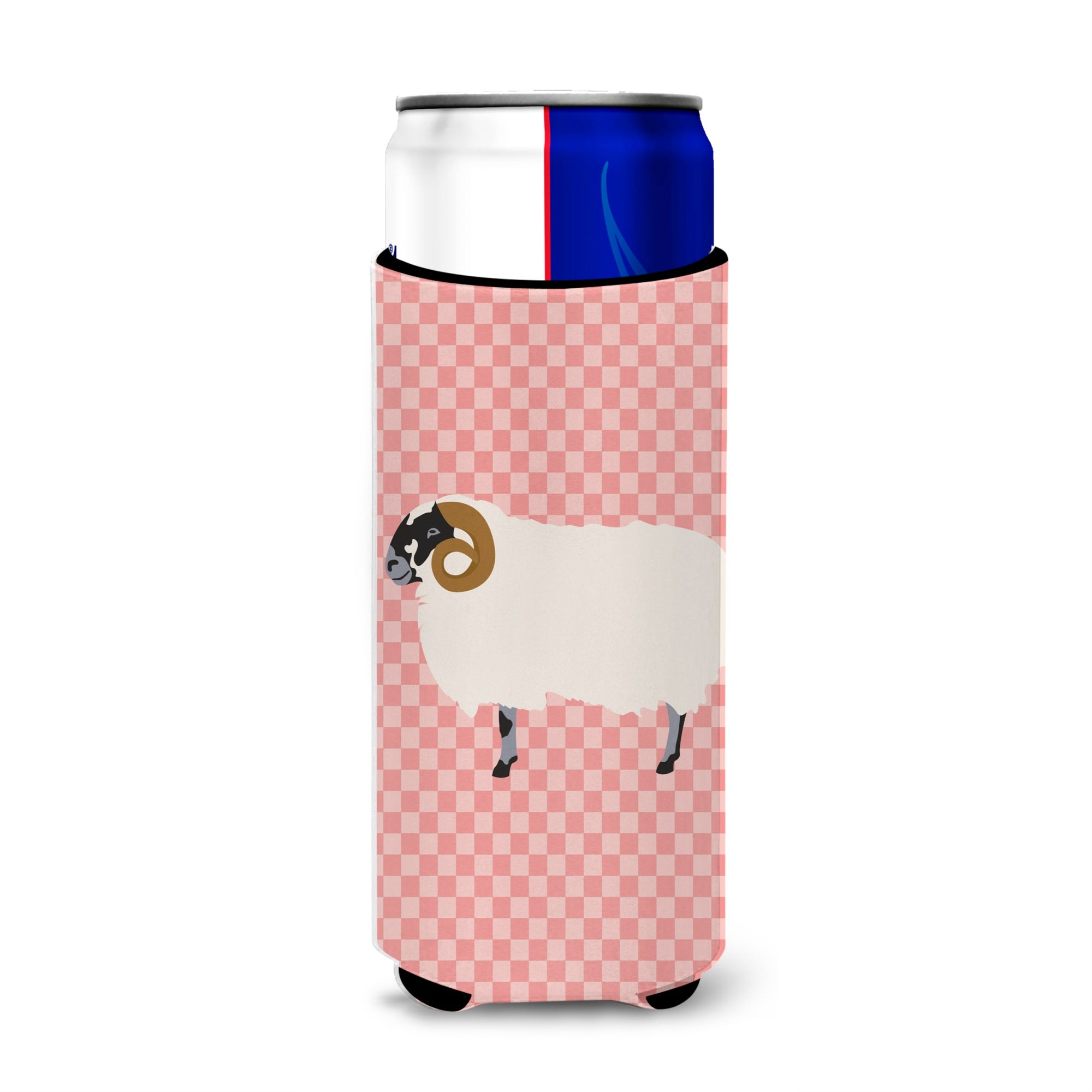 Caroline'S Treasures Scottish Blackface Sheep Pink Check Decorative Can Hugger, Slim, Multicolor