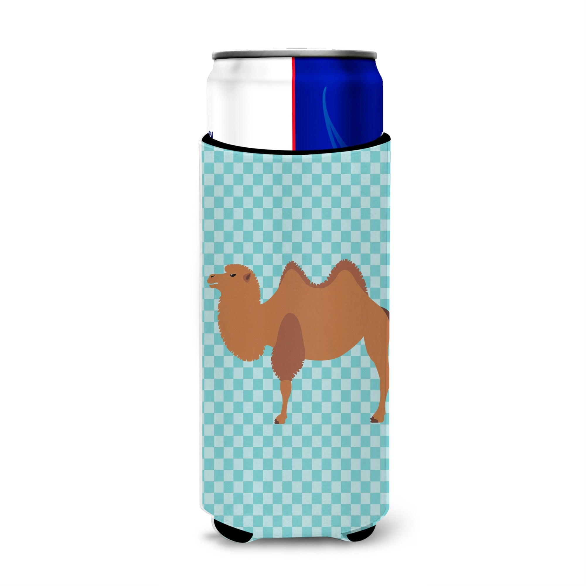 Caroline'S Treasures Bactrian Camel Blue Check Decorative Can Hugger, Slim, Multicolor
