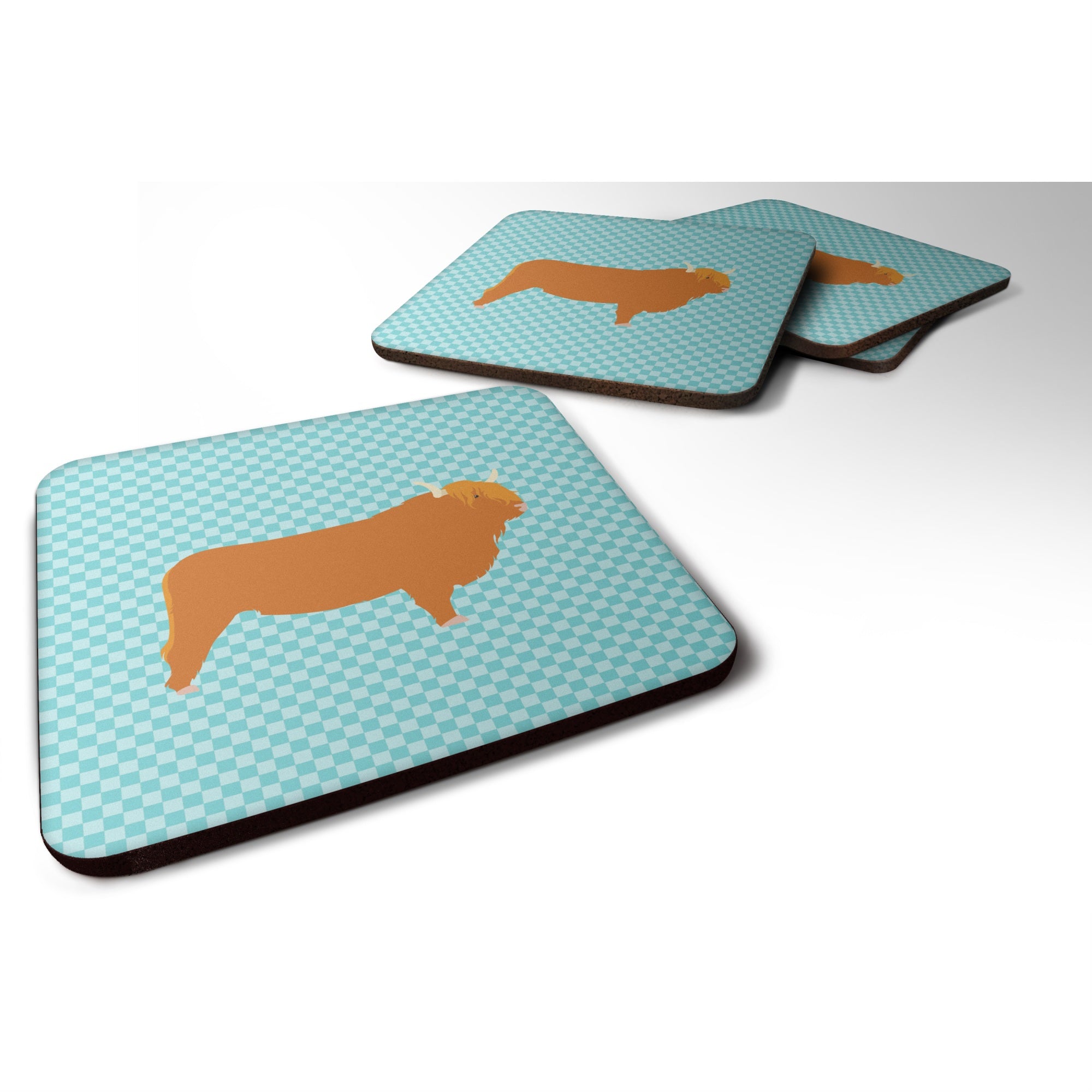 Caroline'S Treasures Highland Cow Blue Check Decorative Coasters, 3.5, Multicolor
