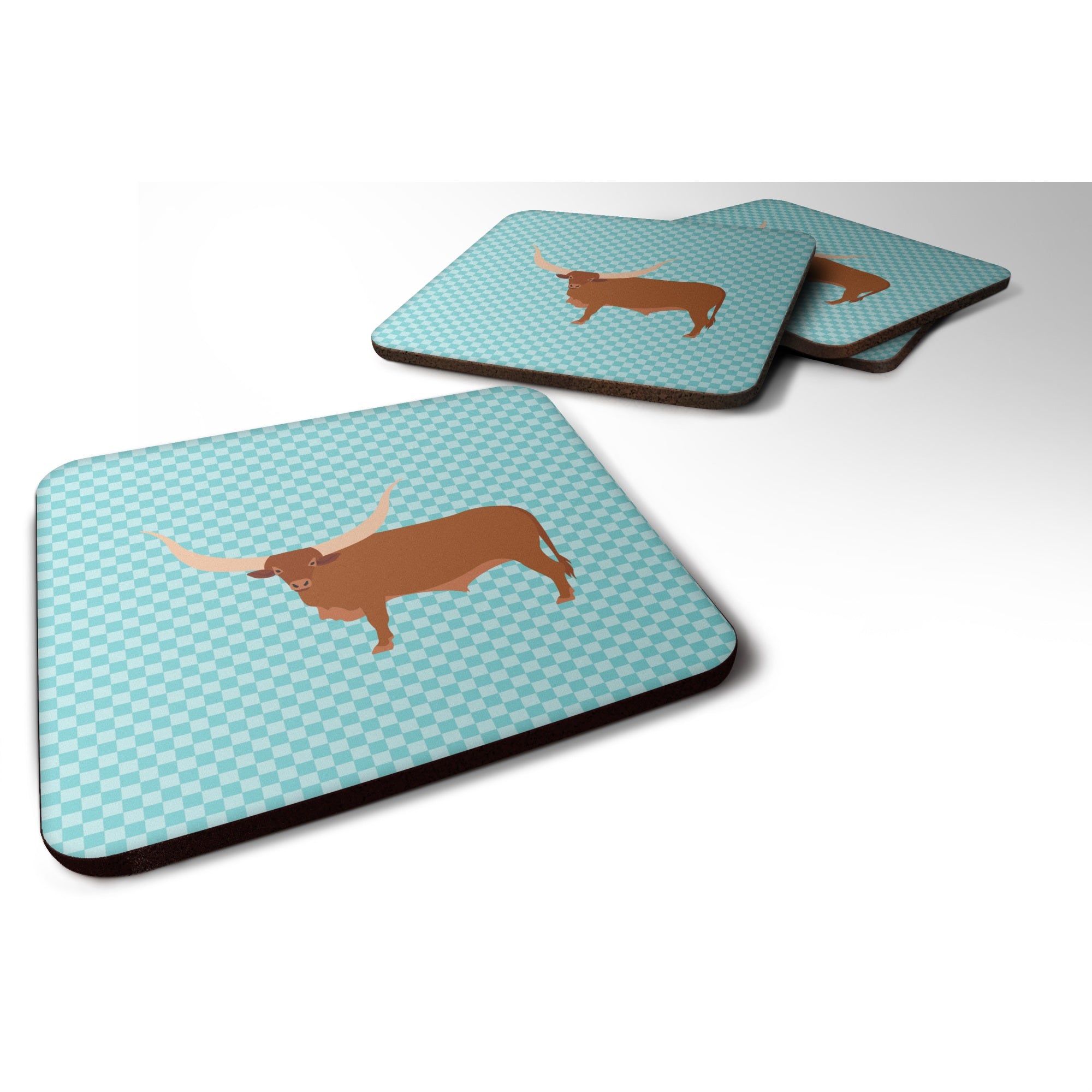 Caroline'S Treasures Ankole-Watusu Cow Blue Check Decorative Coasters, 3.5, Multicolor