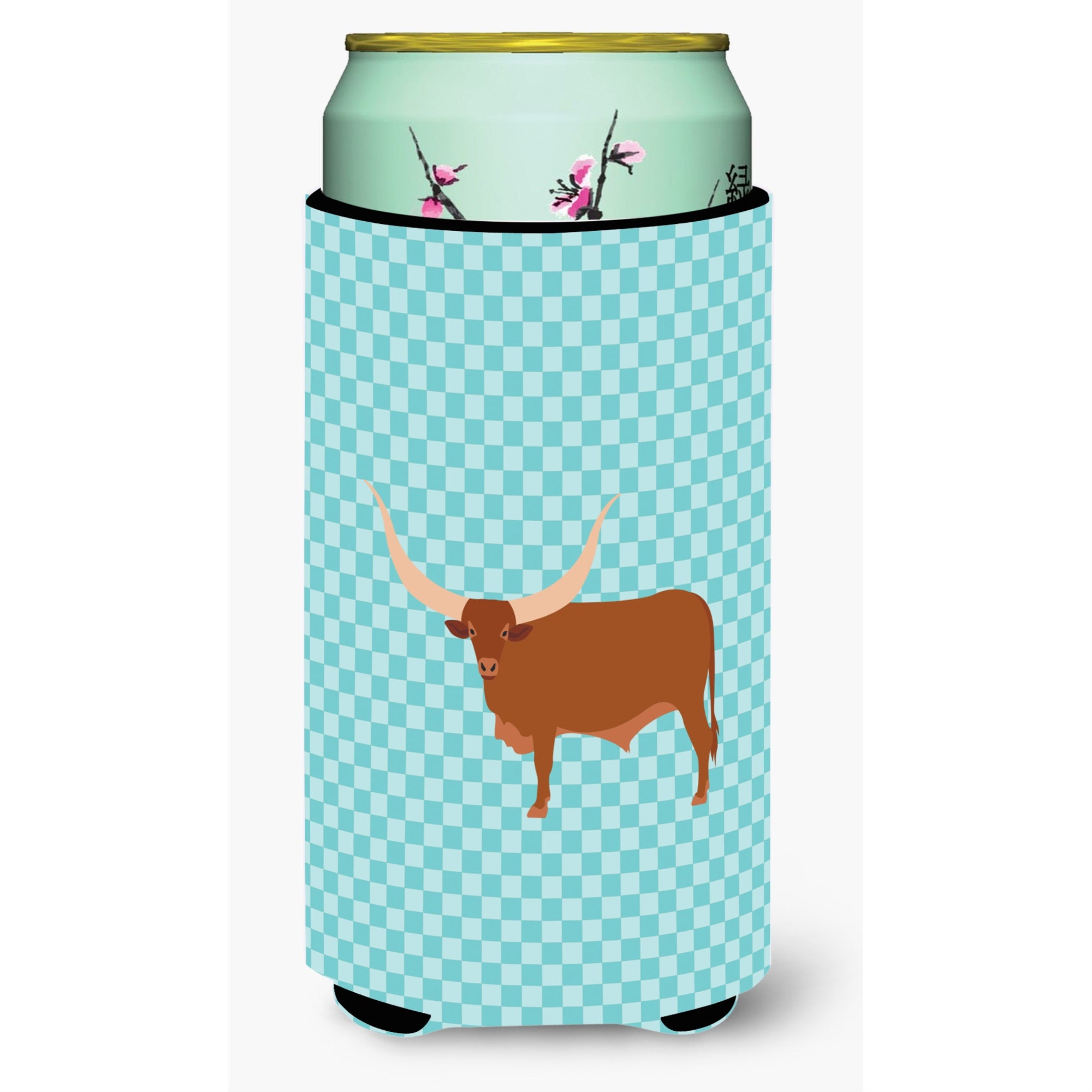 Caroline'S Treasures Ankole-Watusu Cow Blue Check Decorative Can Hugger, Tall Boy, Multicolor