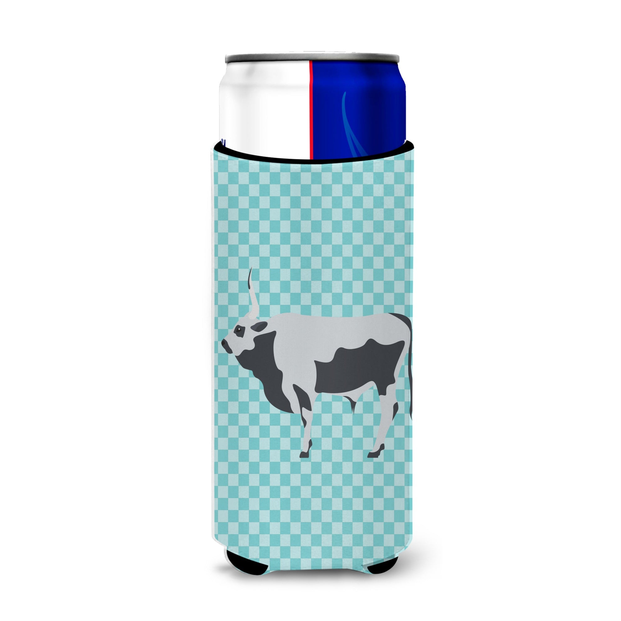 Caroline'S Treasures Hungarian Grey Steppe Cow Blue Check Decorative Can Hugger, Slim, Multicolor