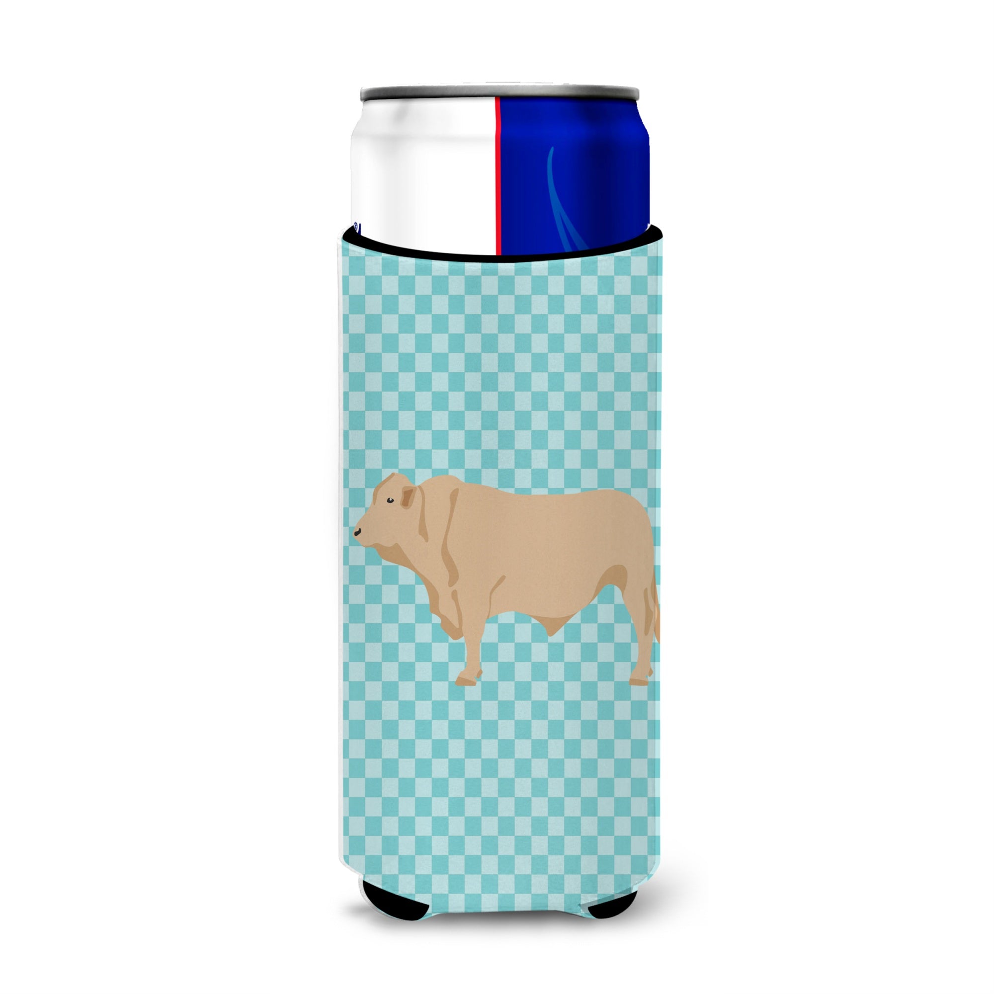 Caroline'S Treasures Charolais Cow Blue Check Decorative Can Hugger, Slim, Multicolor