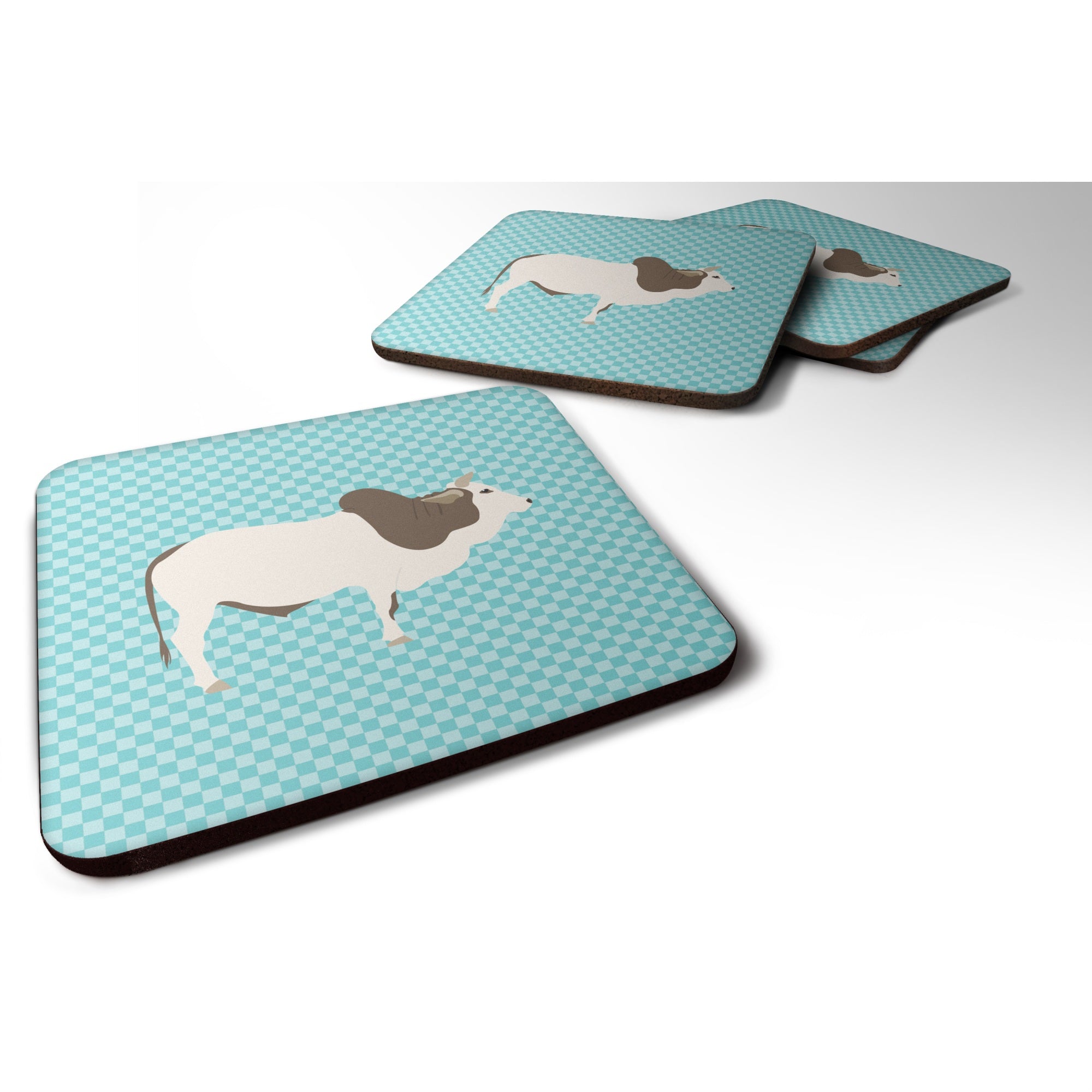 Caroline'S Treasures Malvi Cow Blue Check Decorative Coasters, 3.5, Multicolor