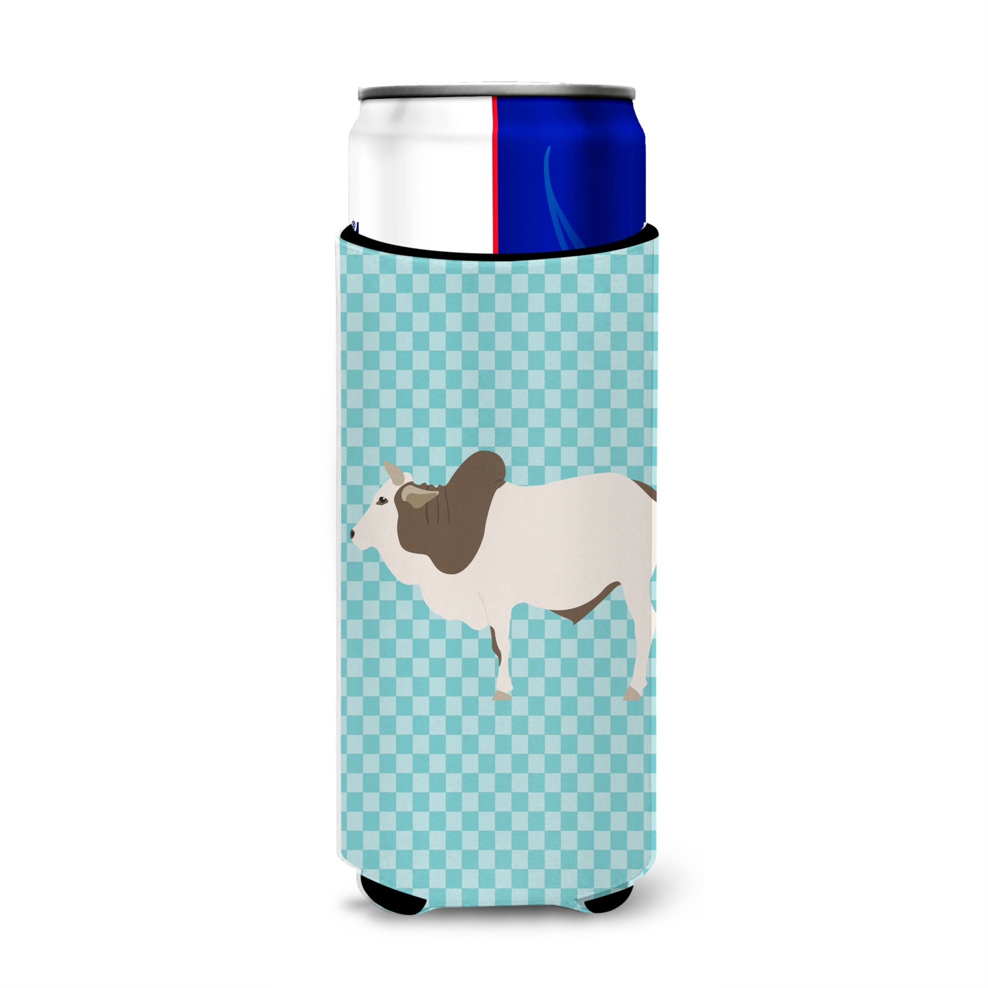 Caroline'S Treasures Malvi Cow Blue Check Decorative Can Hugger, Slim, Multicolor