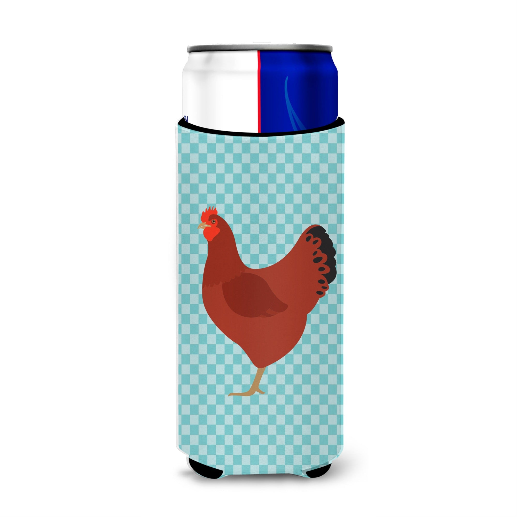 Caroline'S Treasures New Hampshire Red Chicken Blue Check Decorative Can Hugger, Slim, Multicolor