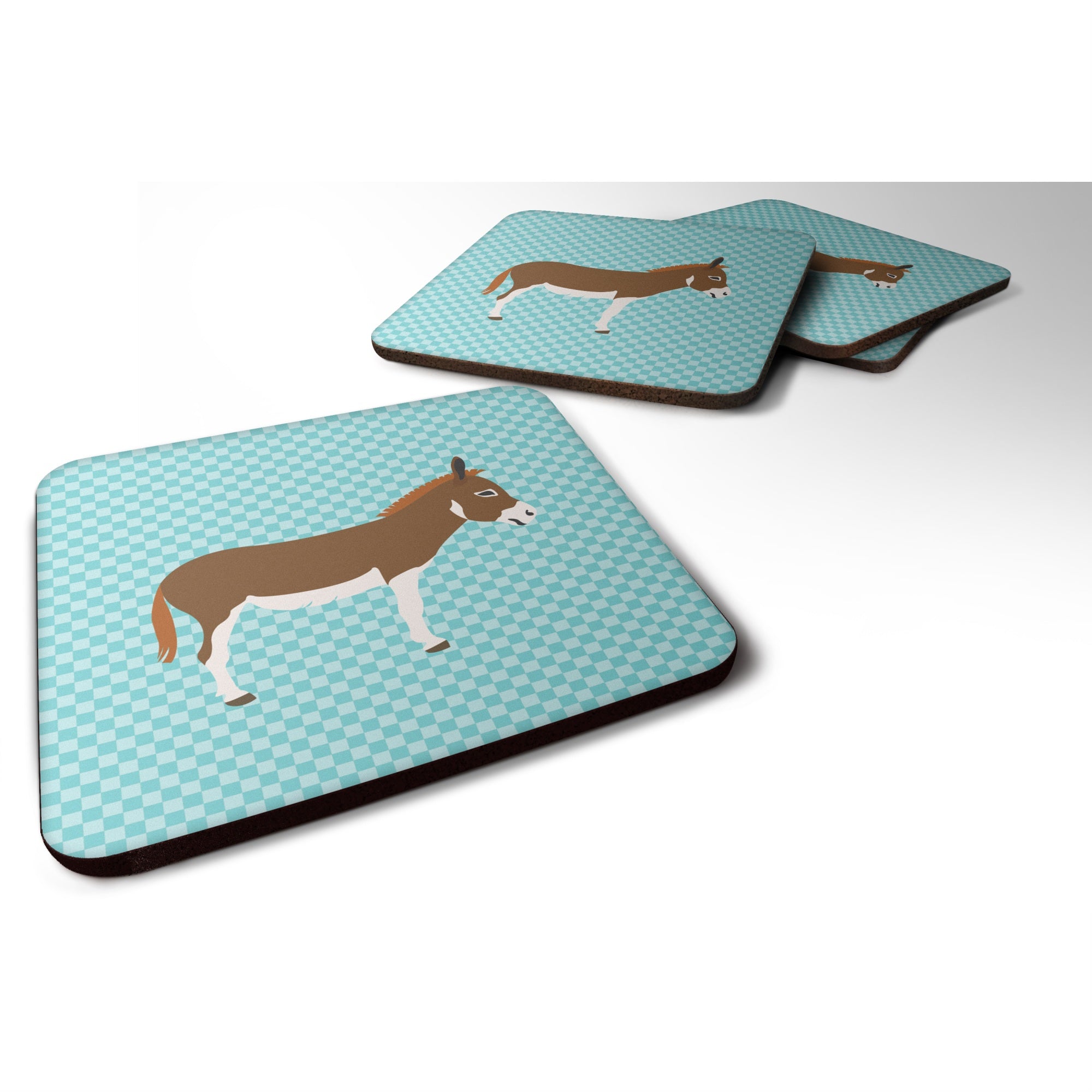 Caroline'S Treasures Miniature Mediterranian Donkey Blue Check Decorative Coasters, 3.5, Multicolor