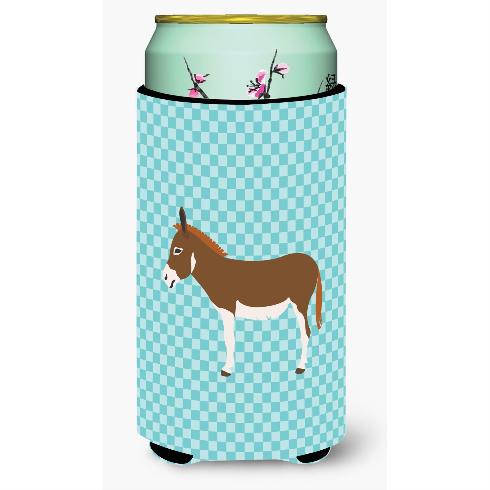 Caroline'S Treasures Miniature Mediterranian Donkey Blue Check Decorative Can Hugger, Tall Boy, Multicolor