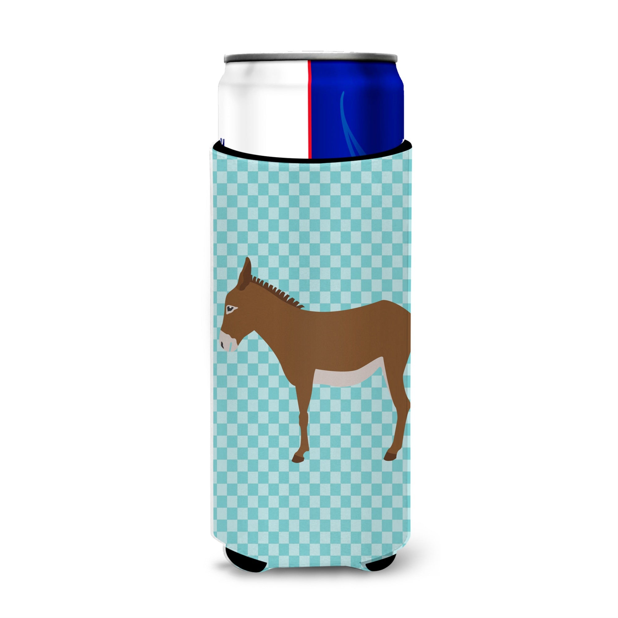 Caroline'S Treasures Cotentin Donkey Blue Check Decorative Can Hugger, Slim, Multicolor