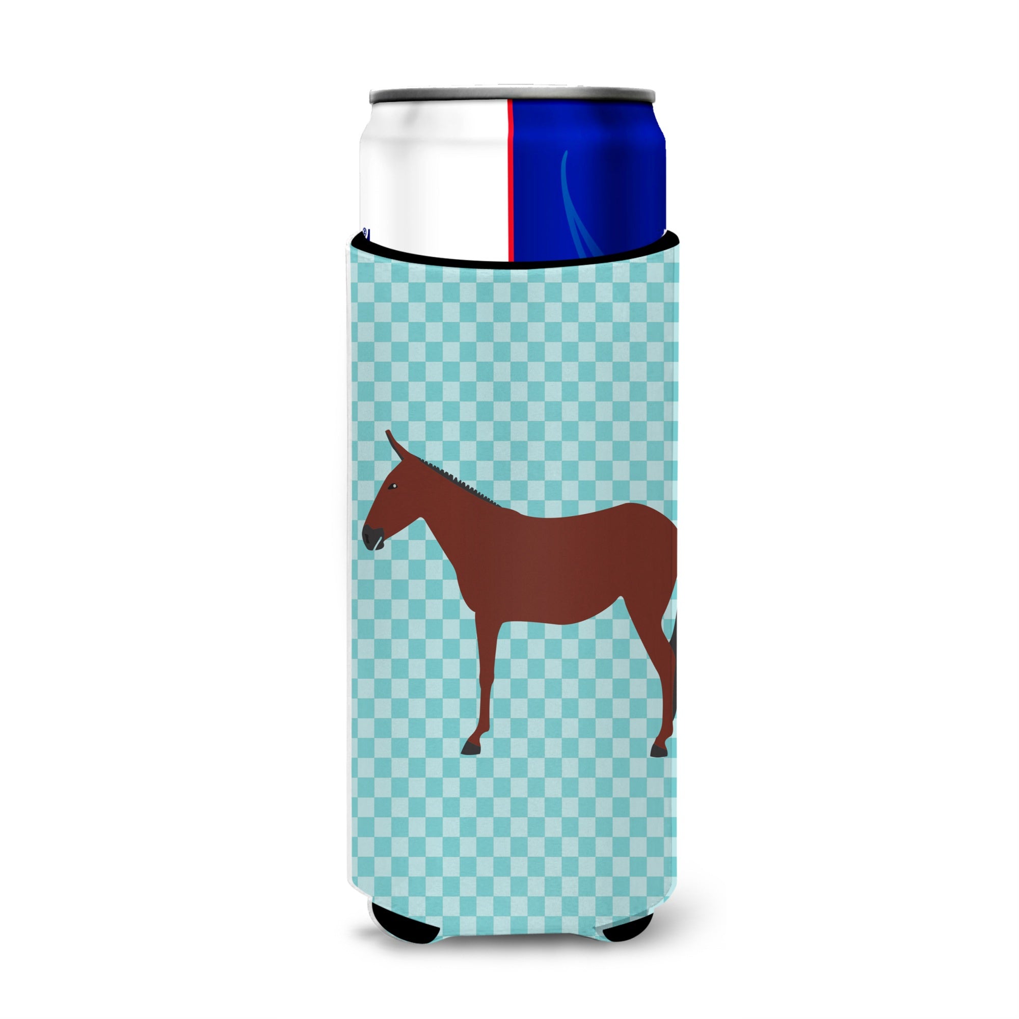 Caroline'S Treasures Hinny Horse Donkey Blue Check Decorative Can Hugger, Slim, Multicolor