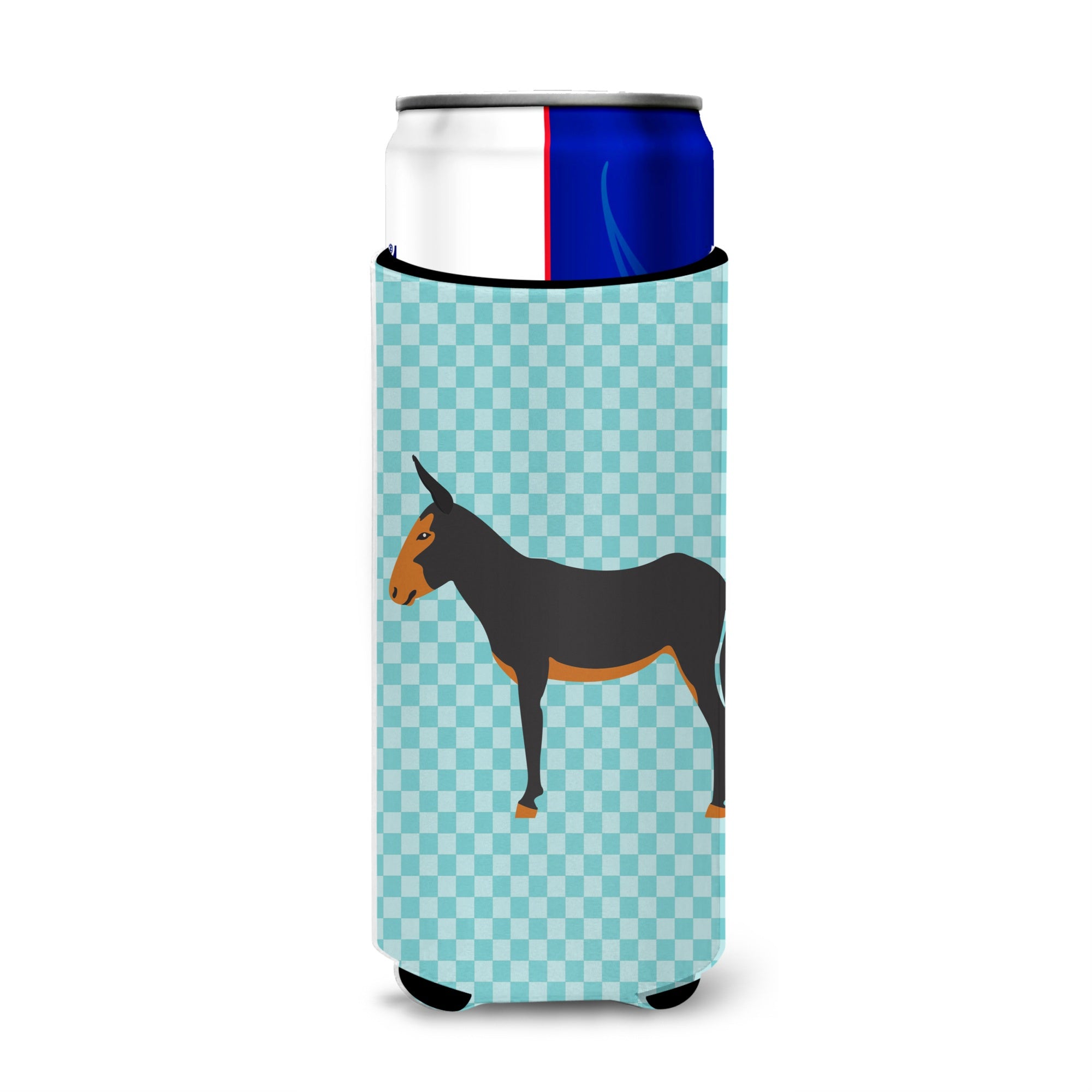 Caroline'S Treasures Catalan Donkey Blue Check Decorative Can Hugger, Slim, Multicolor