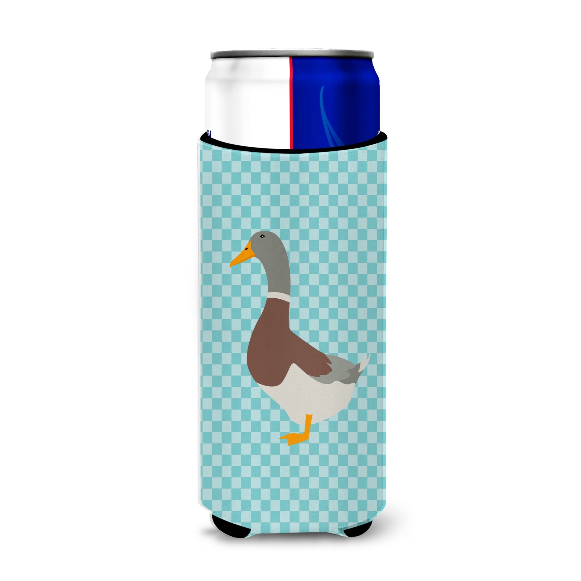 Caroline'S Treasures Saxony Sachsenente Duck Blue Check Decorative Can Hugger, Slim, Multicolor