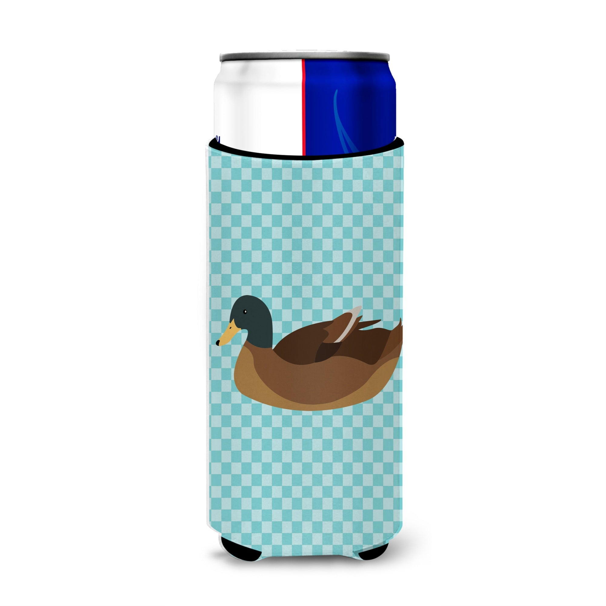 Caroline'S Treasures Khaki Campbell Duck Blue Check Decorative Can Hugger, Slim, Multicolor