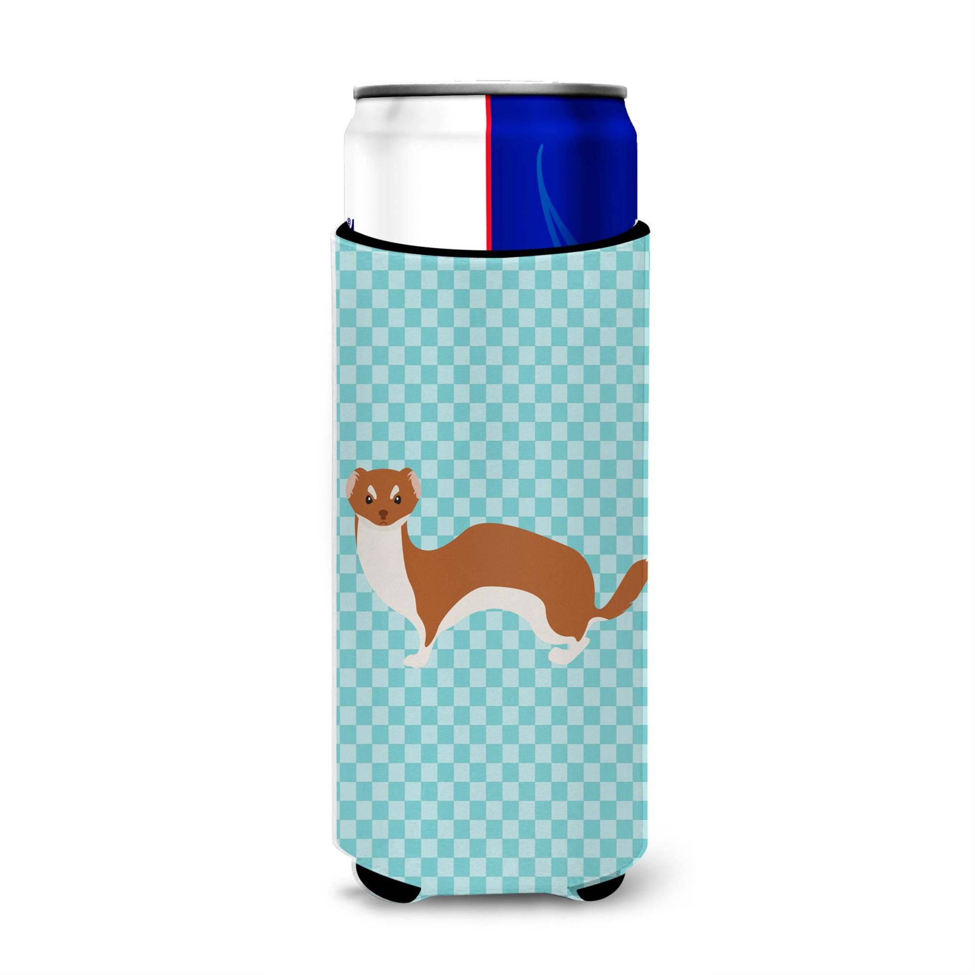 Caroline'S Treasures Weasel Blue Check Decorative Can Hugger, Slim, Multicolor