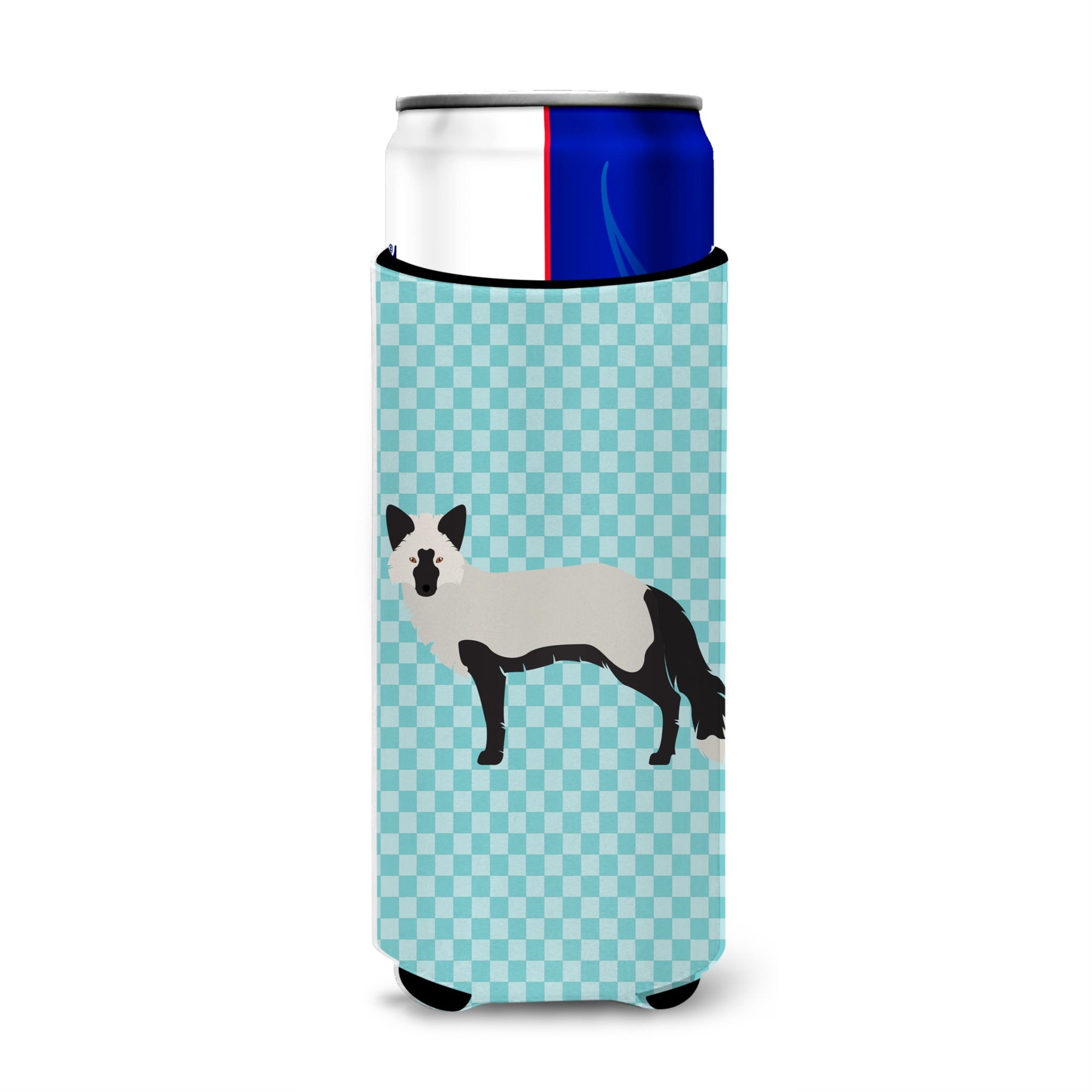 Caroline'S Treasures Silver Fox Blue Check Decorative Can Hugger, Slim, Multicolor