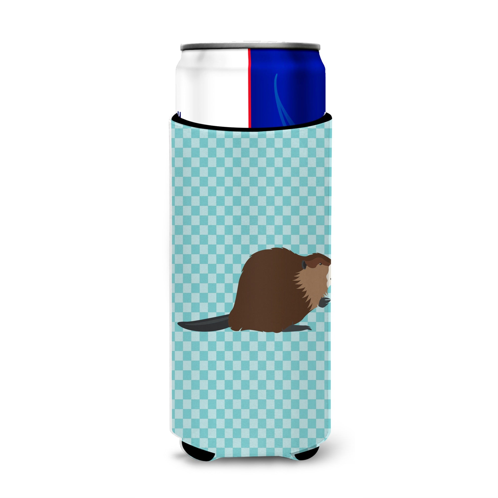 Caroline'S Treasures Eurasian Beaver Blue Check Decorative Can Hugger, Slim, Multicolor