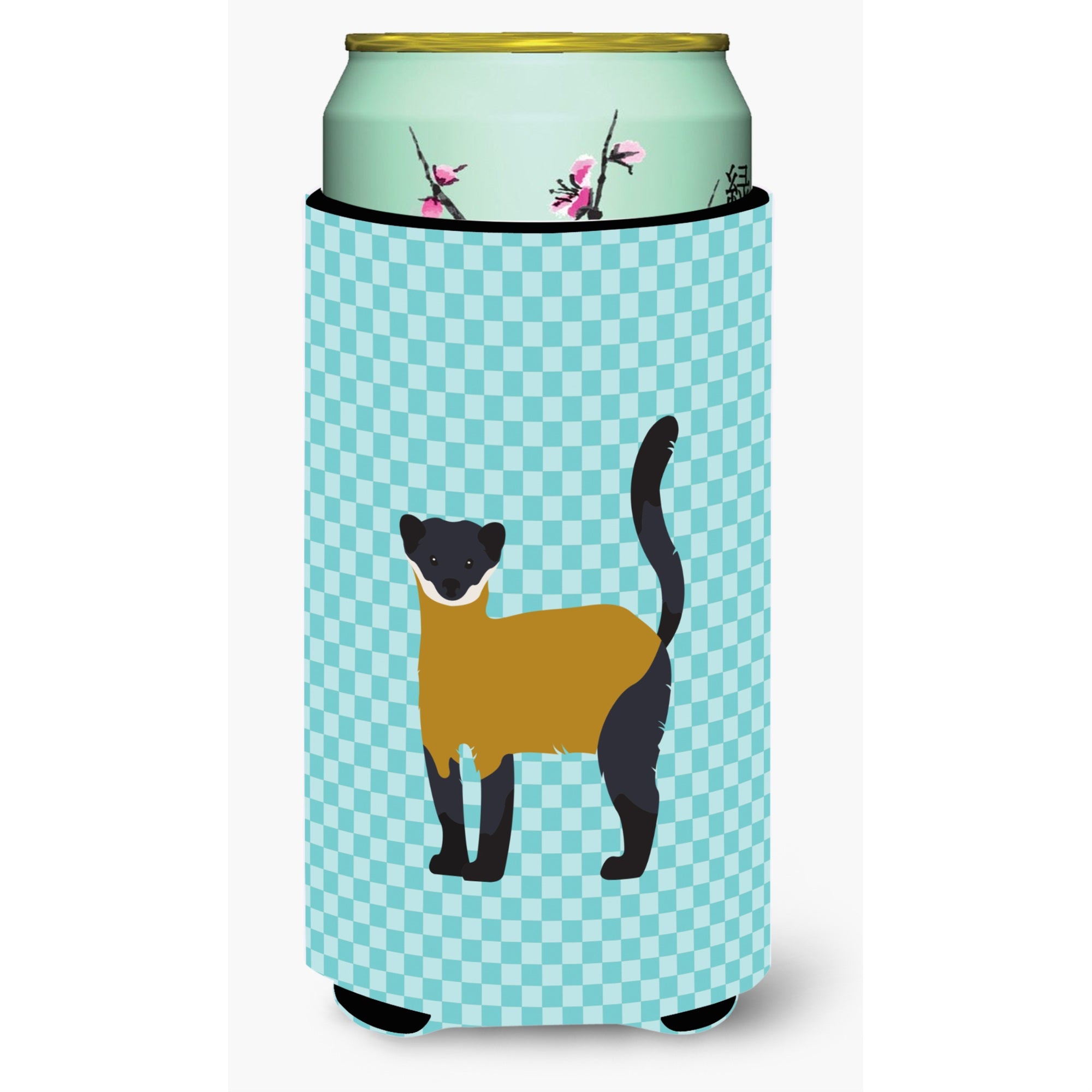 Caroline'S Treasures Yellow-Throated Marten Blue Check Decorative Can Hugger, Tall Boy, Multicolor