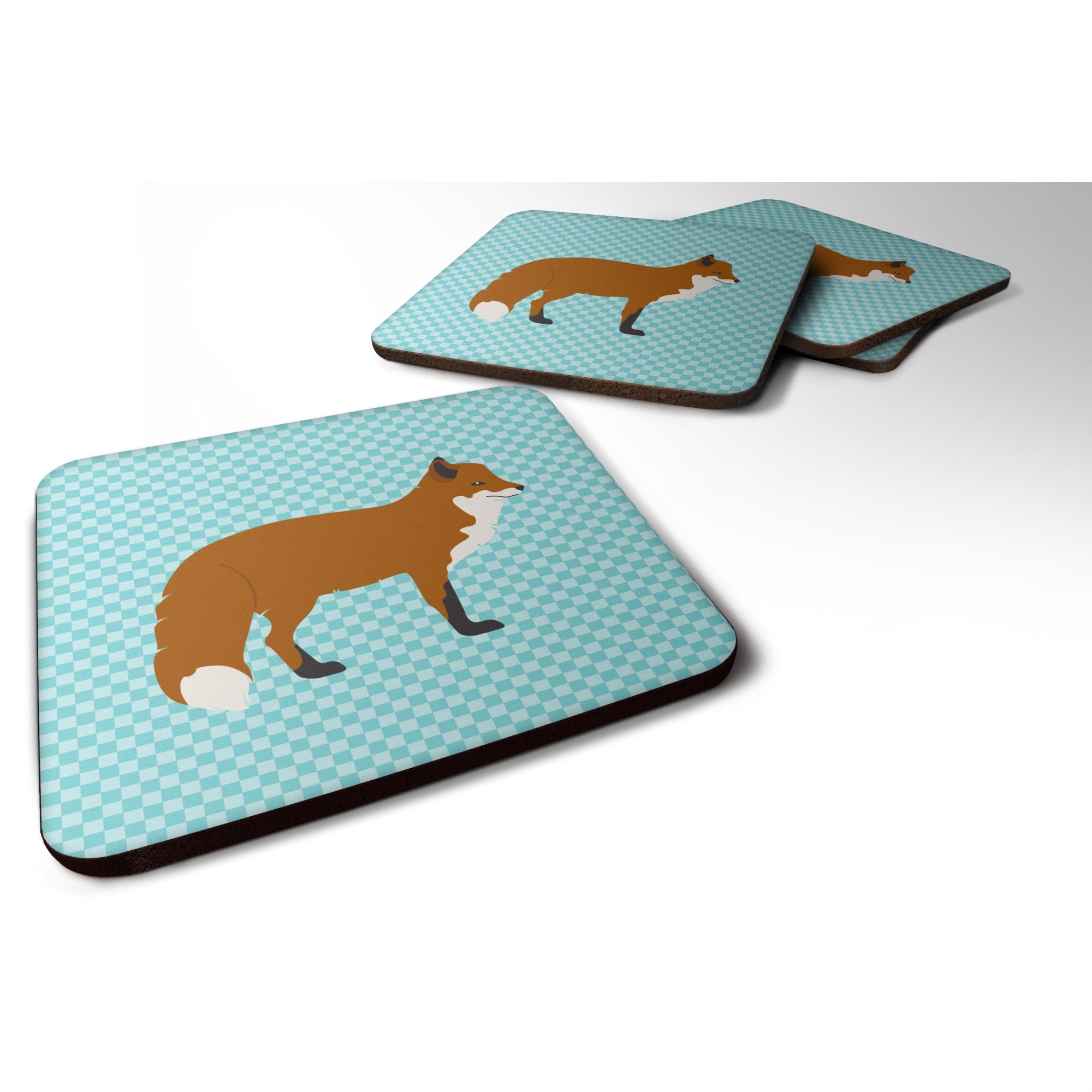 Caroline'S Treasures Red Fox Blue Check Decorative Coasters, 3.5, Multicolor