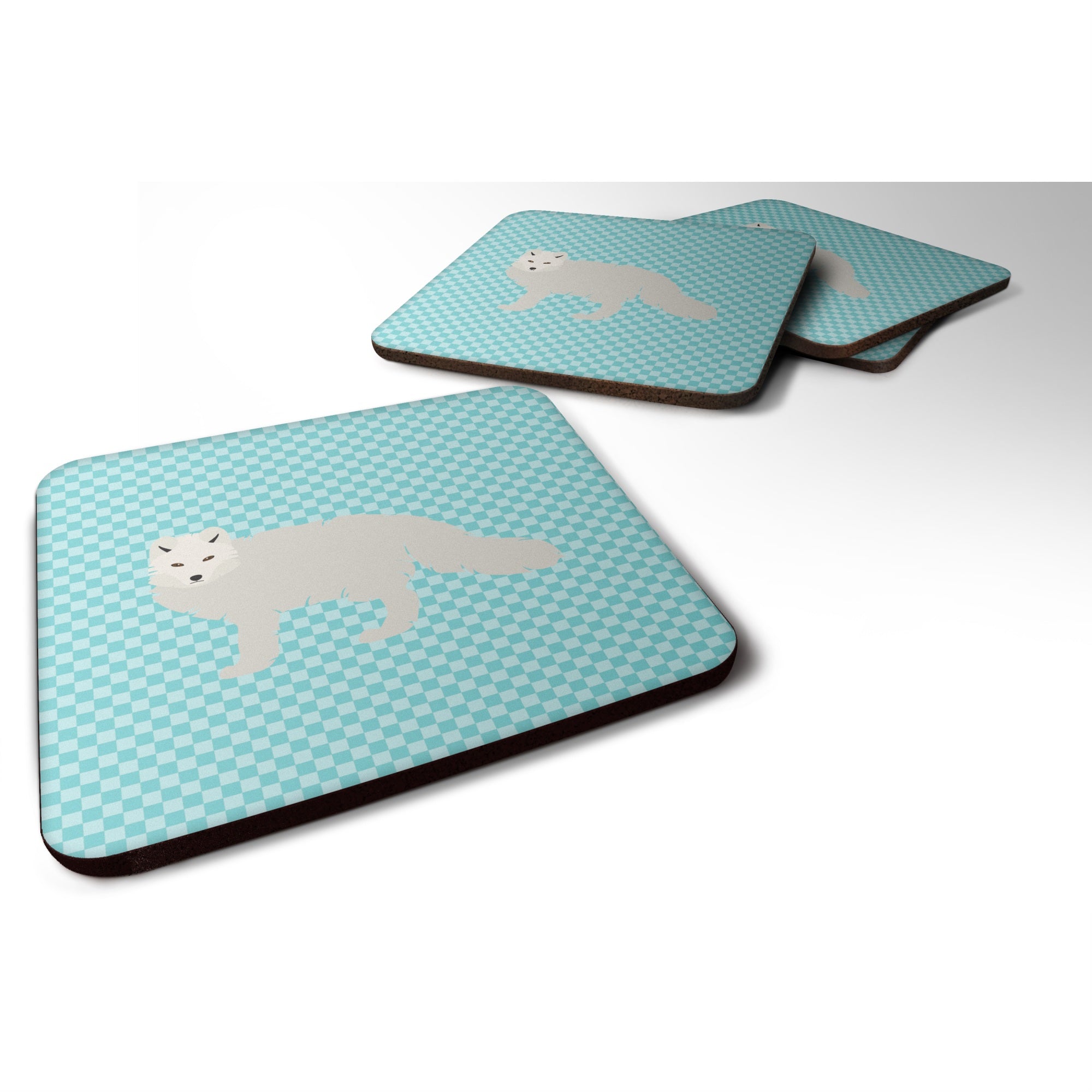 Caroline'S Treasures White Arctic Fox Blue Check Decorative Coasters, 3.5, Multicolor