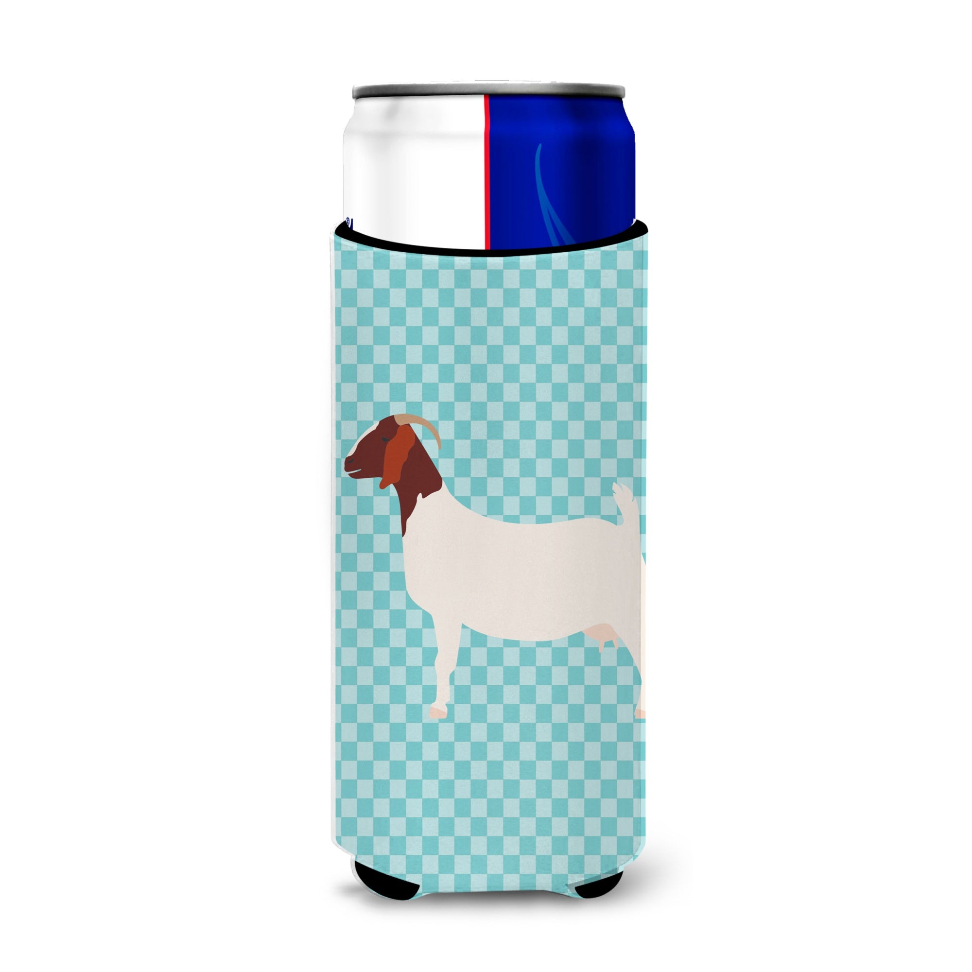 Caroline'S Treasures Boer Goat Blue Check Decorative Can Hugger, Slim, Multicolor