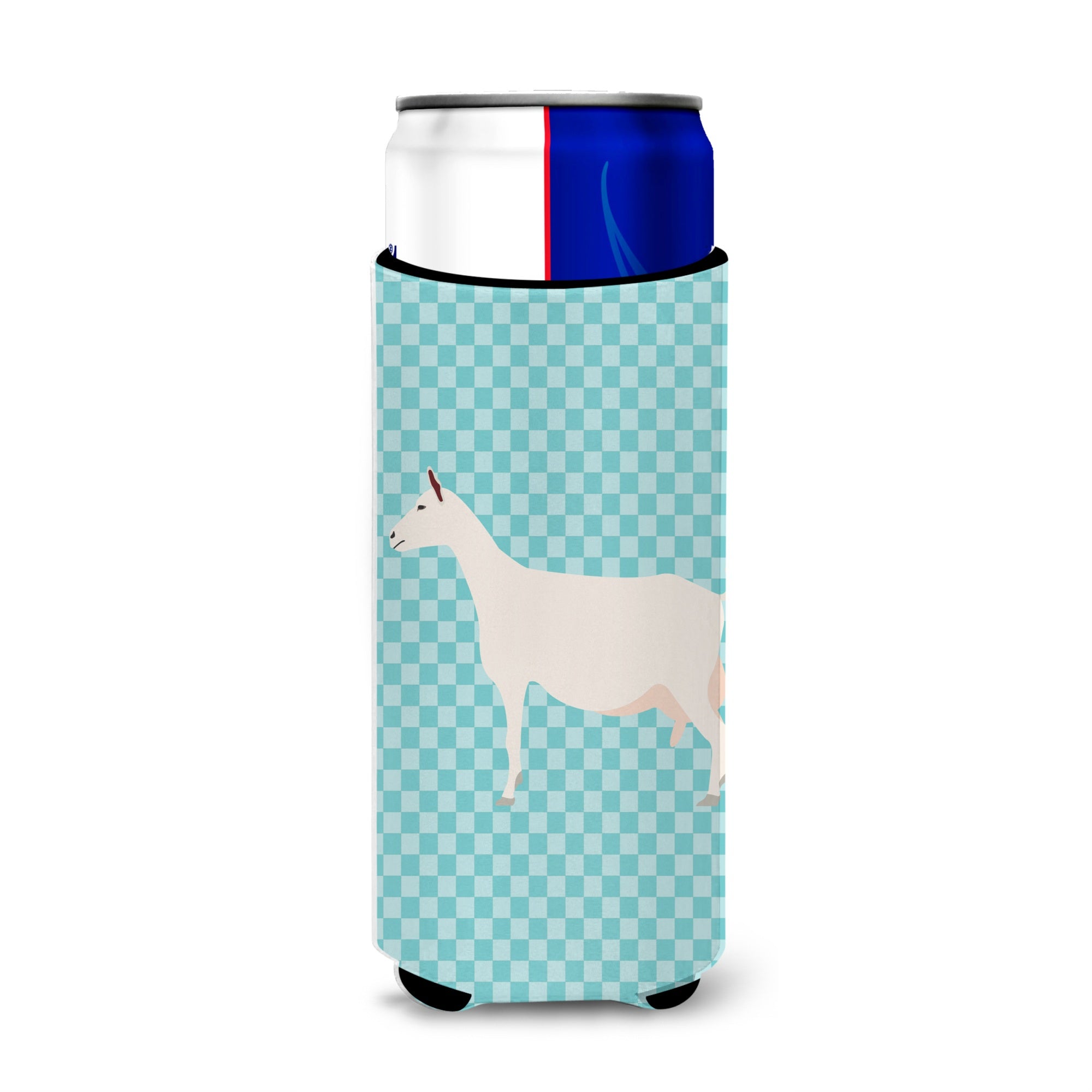 Caroline'S Treasures Saanen Goat Blue Check Decorative Can Hugger, Slim, Multicolor