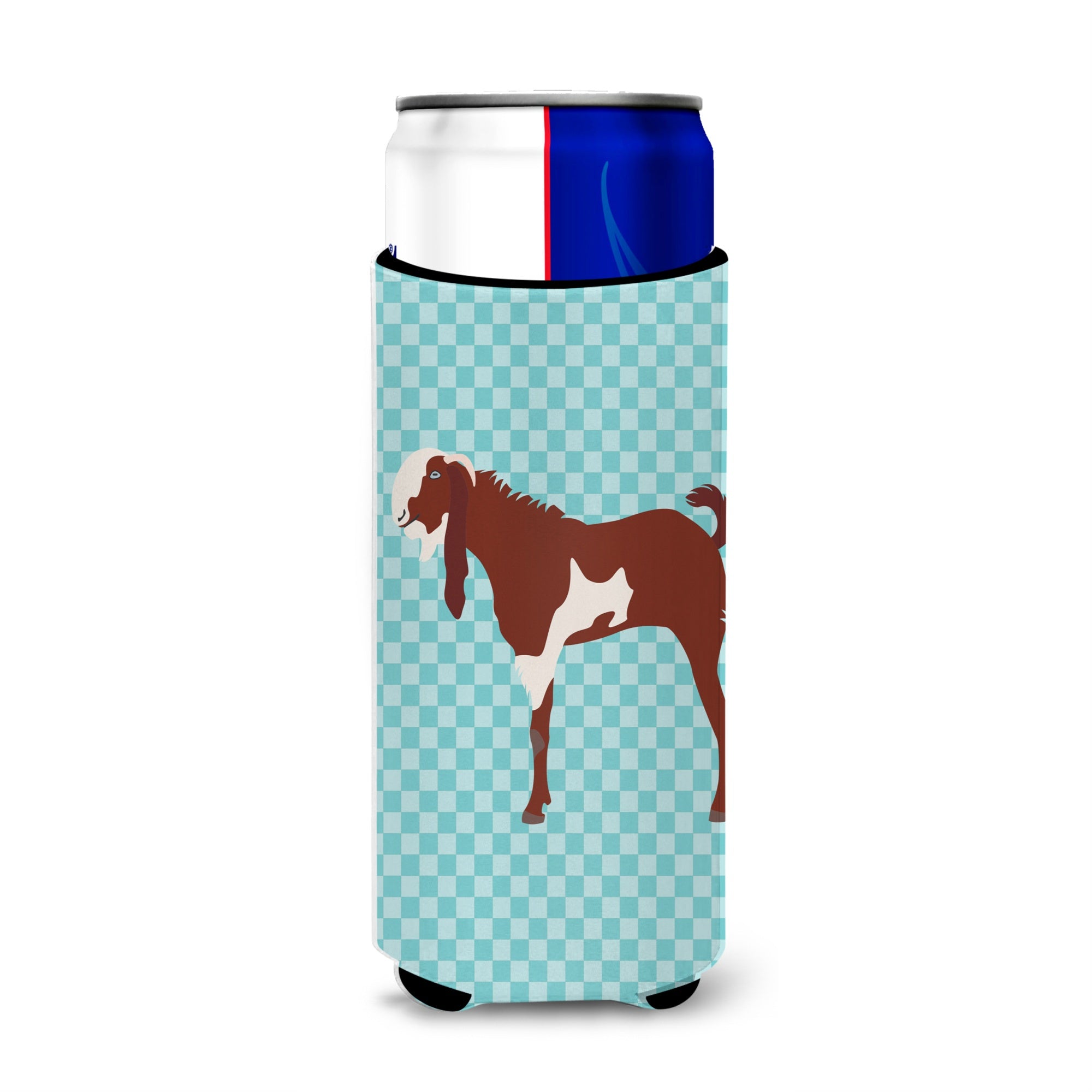 Caroline'S Treasures Jamnapari Goat Blue Check Decorative Can Hugger, Slim, Multicolor
