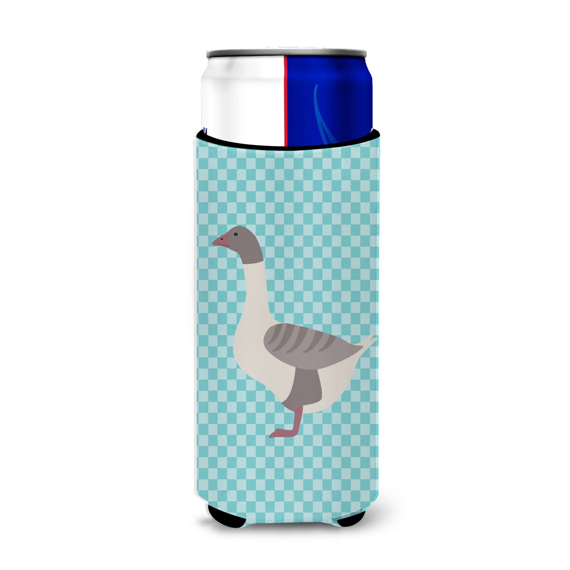 Caroline'S Treasures Buff Grey Back Goose Blue Check Decorative Can Hugger, Slim, Multicolor