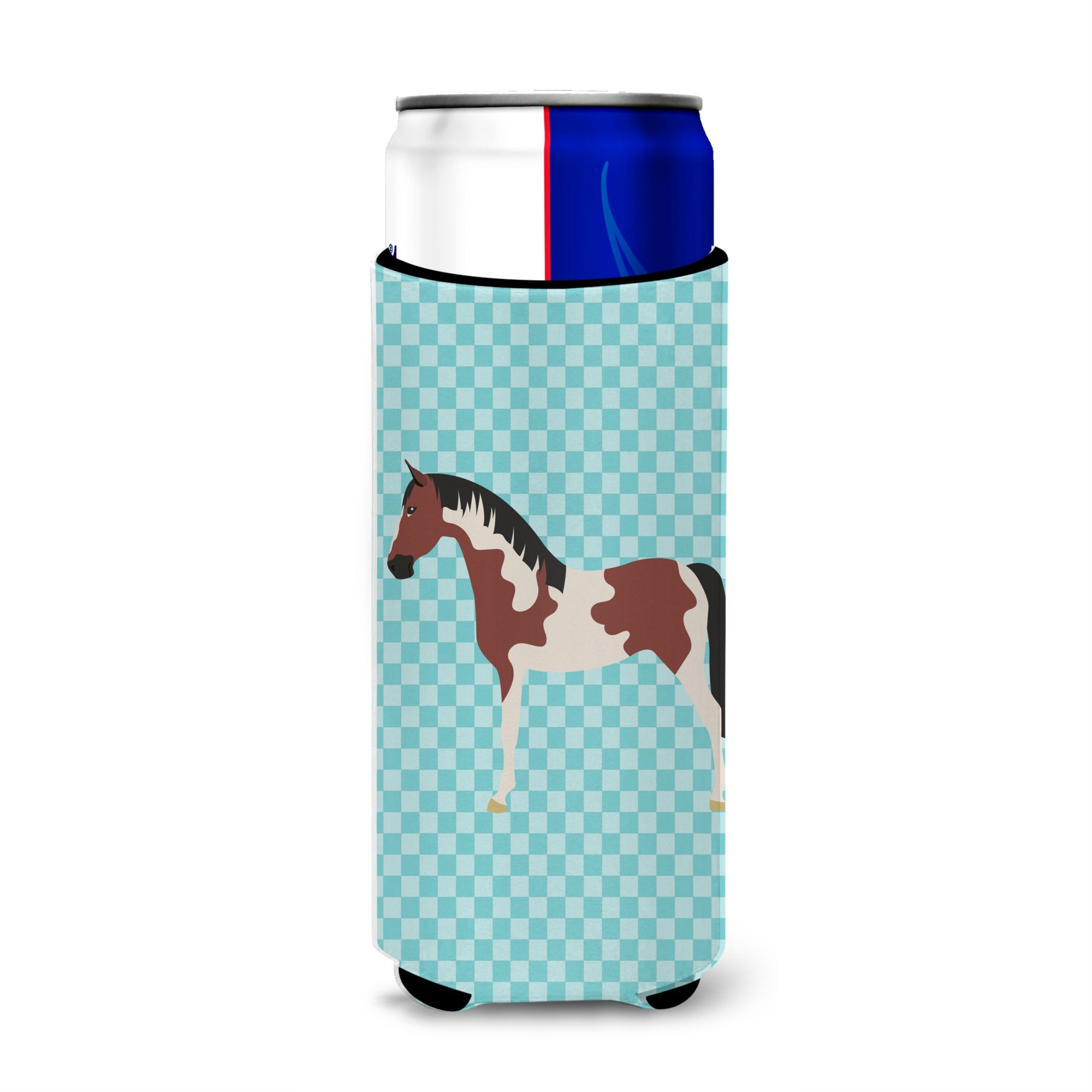 Caroline'S Treasures Pinto Horse Blue Check Decorative Can Hugger, Slim, Multicolor