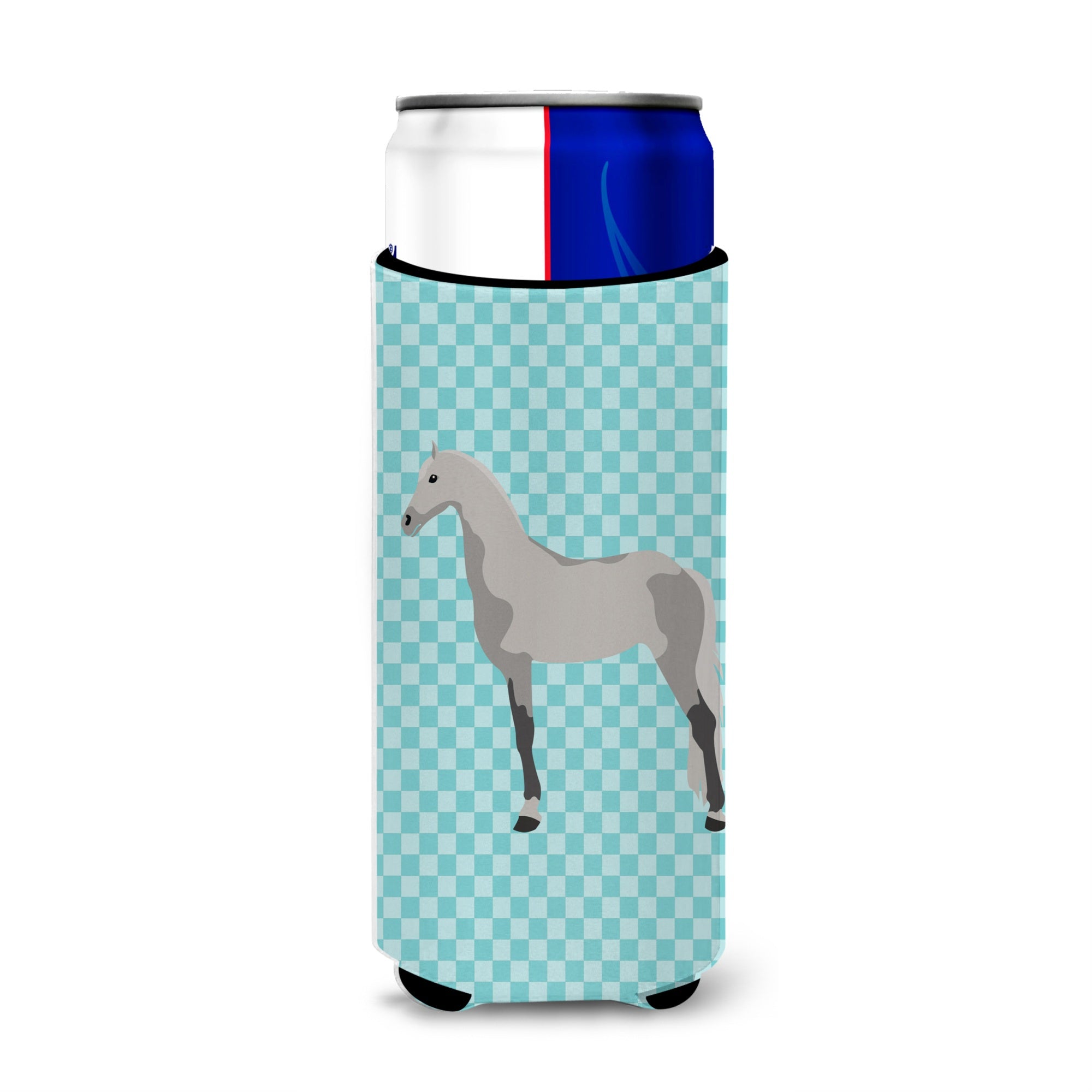 Caroline'S Treasures Orlov Trotter Horse Blue Check Decorative Can Hugger, Slim, Multicolor