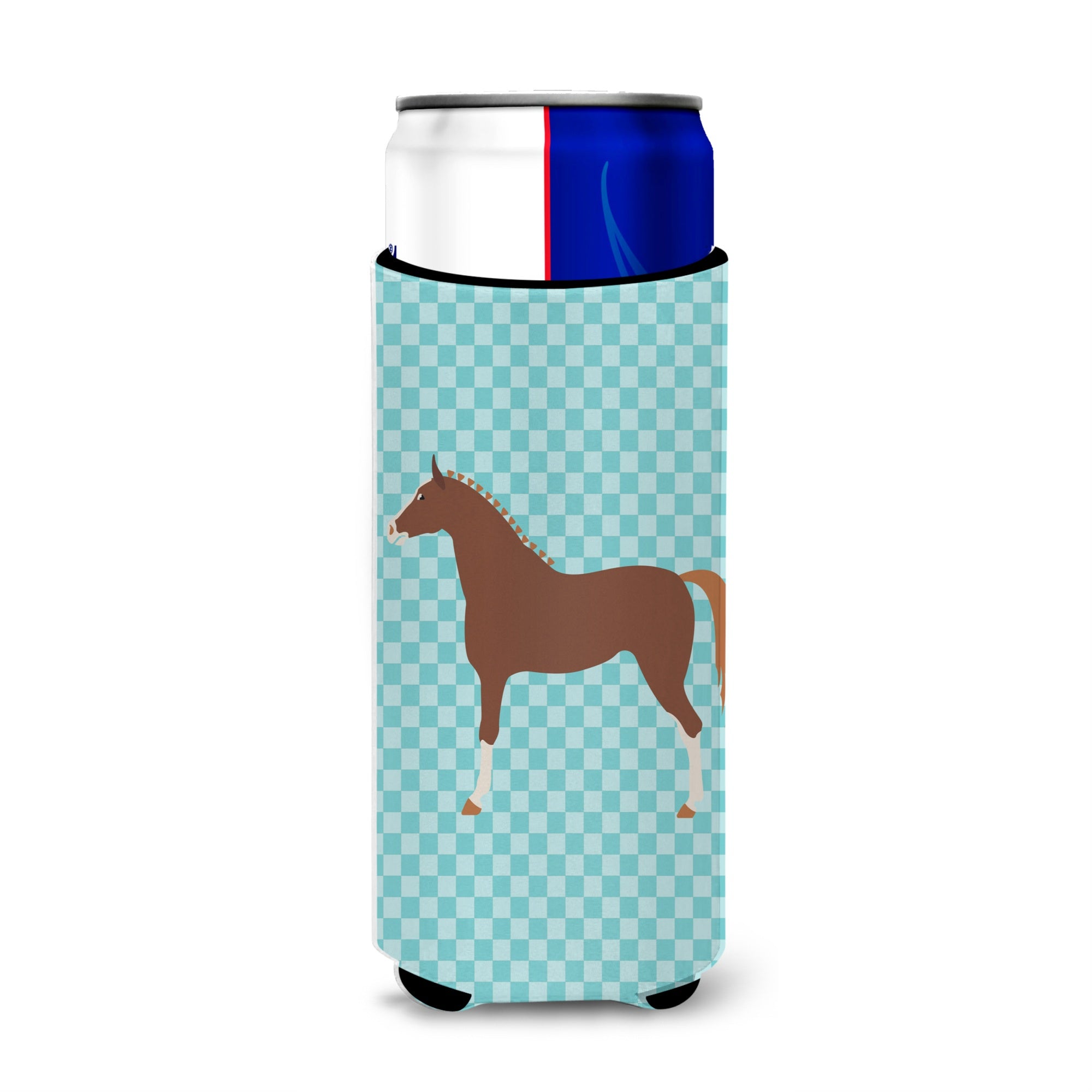 Caroline'S Treasures Hannoverian Horse Blue Check Decorative Can Hugger, Slim, Multicolor