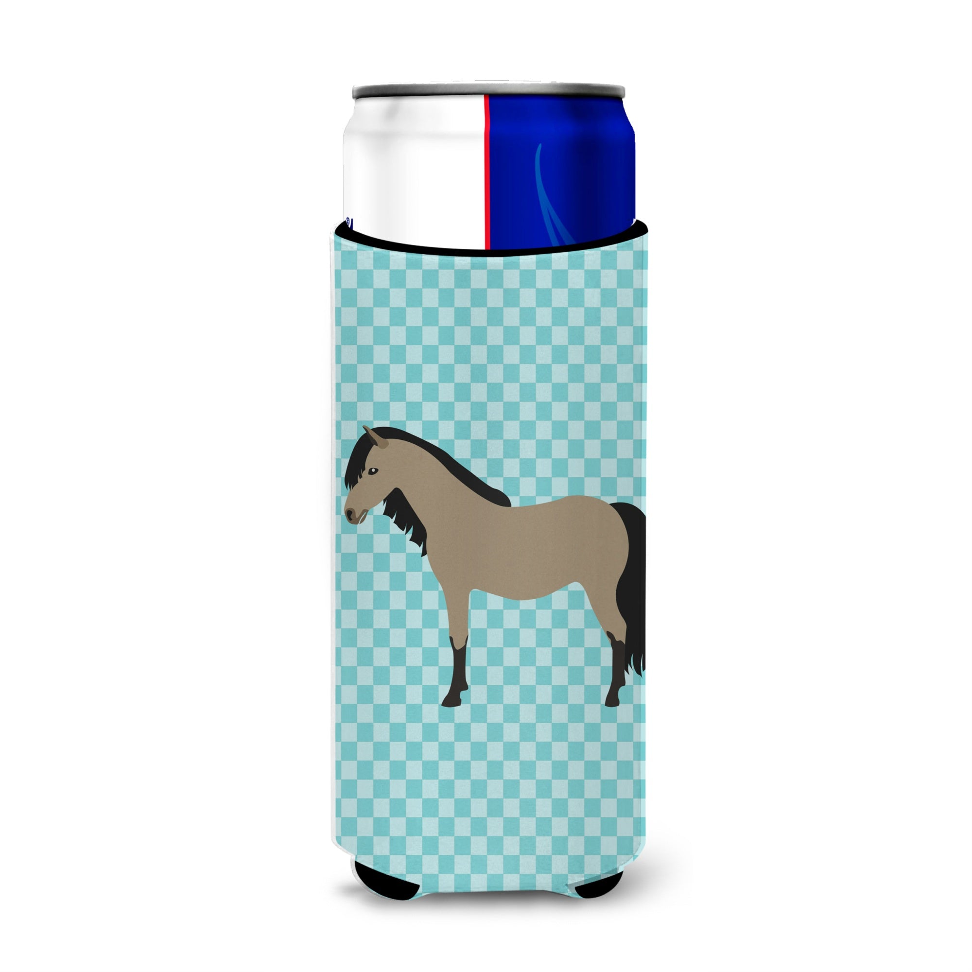 Caroline'S Treasures Welsh Pony Horse Blue Check Decorative Can Hugger, Slim, Multicolor