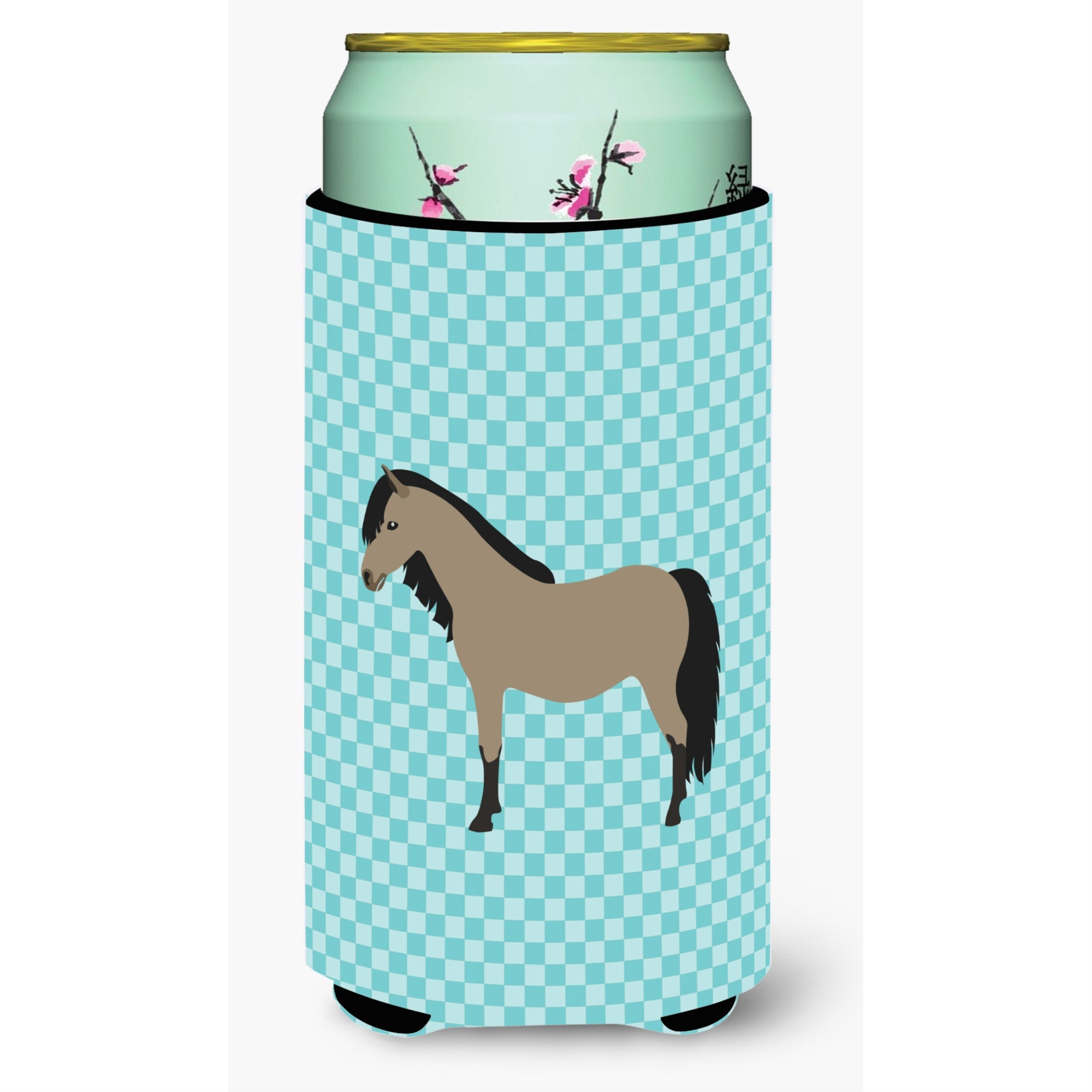 Caroline'S Treasures Welsh Pony Horse Blue Check Decorative Can Hugger, Tall Boy, Multicolor