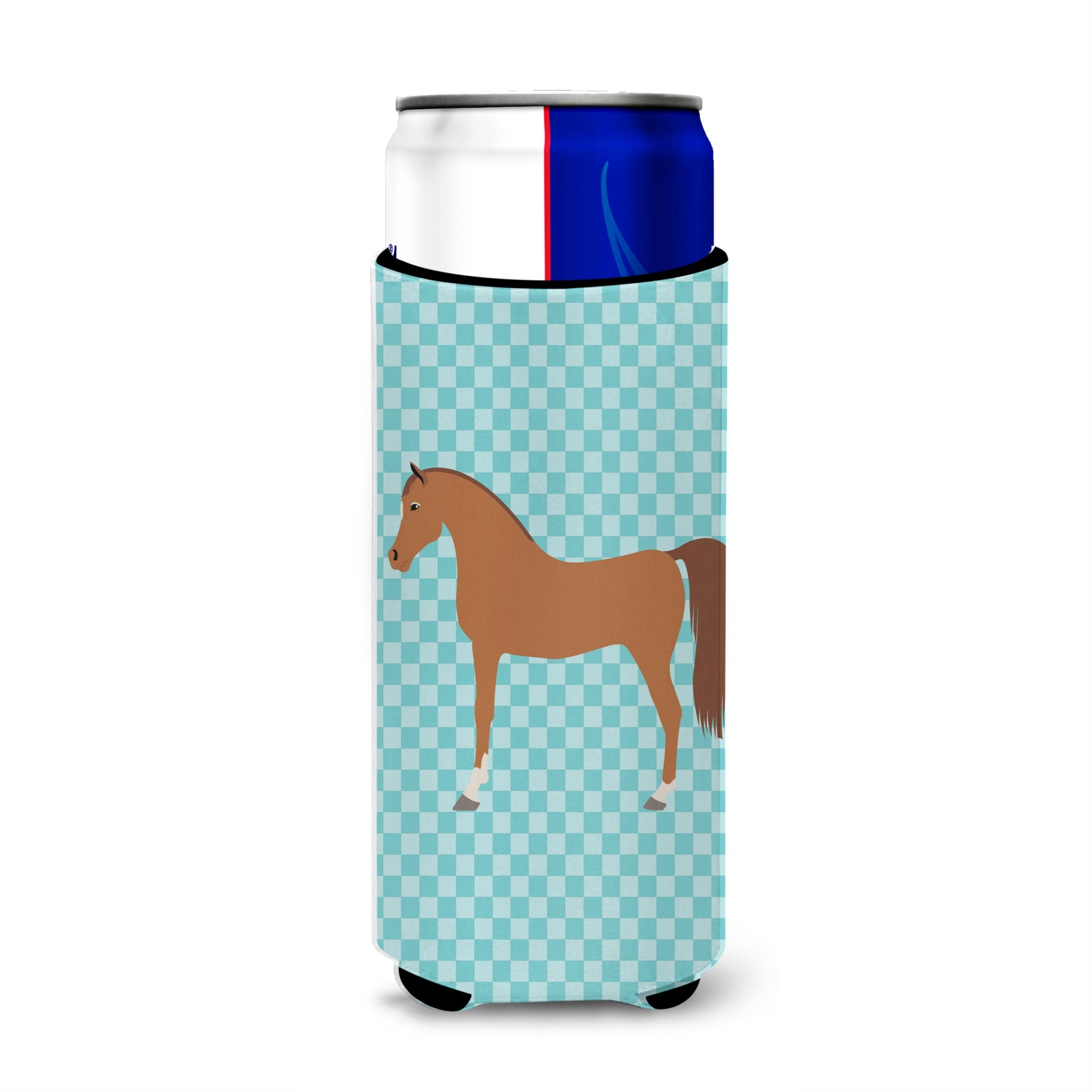 Caroline'S Treasures Arabian Horse Blue Check Decorative Can Hugger, Slim, Multicolor