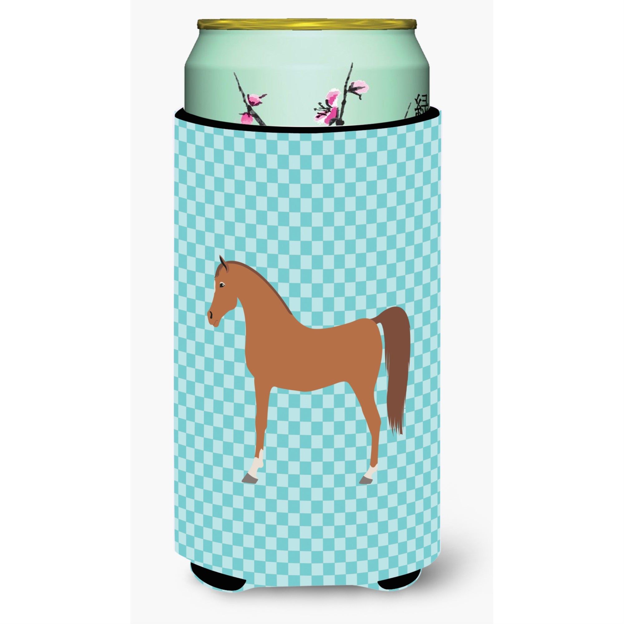 Caroline'S Treasures Arabian Horse Blue Check Decorative Can Hugger, Tall Boy, Multicolor